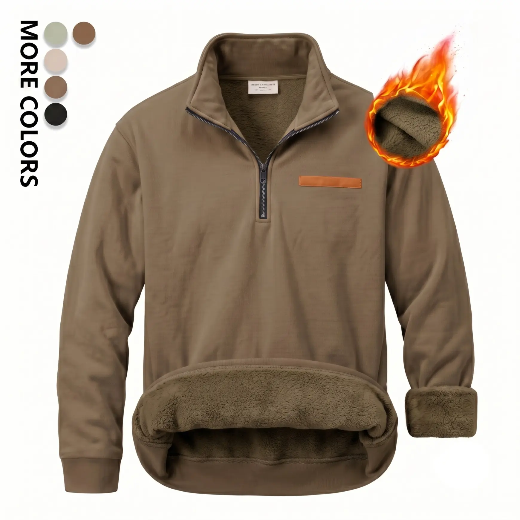 Men's Minimalist Loose Long-Sleeves Fleece-Lined Quarter-Zip Pullover Sweatshirt, Stylish Menswear Warm Stand Collar Soft Sherpa Interior Winter Top for Daily Wear, Outdoor Activities, Baggy, Longsleeves, Polyester, Clothes