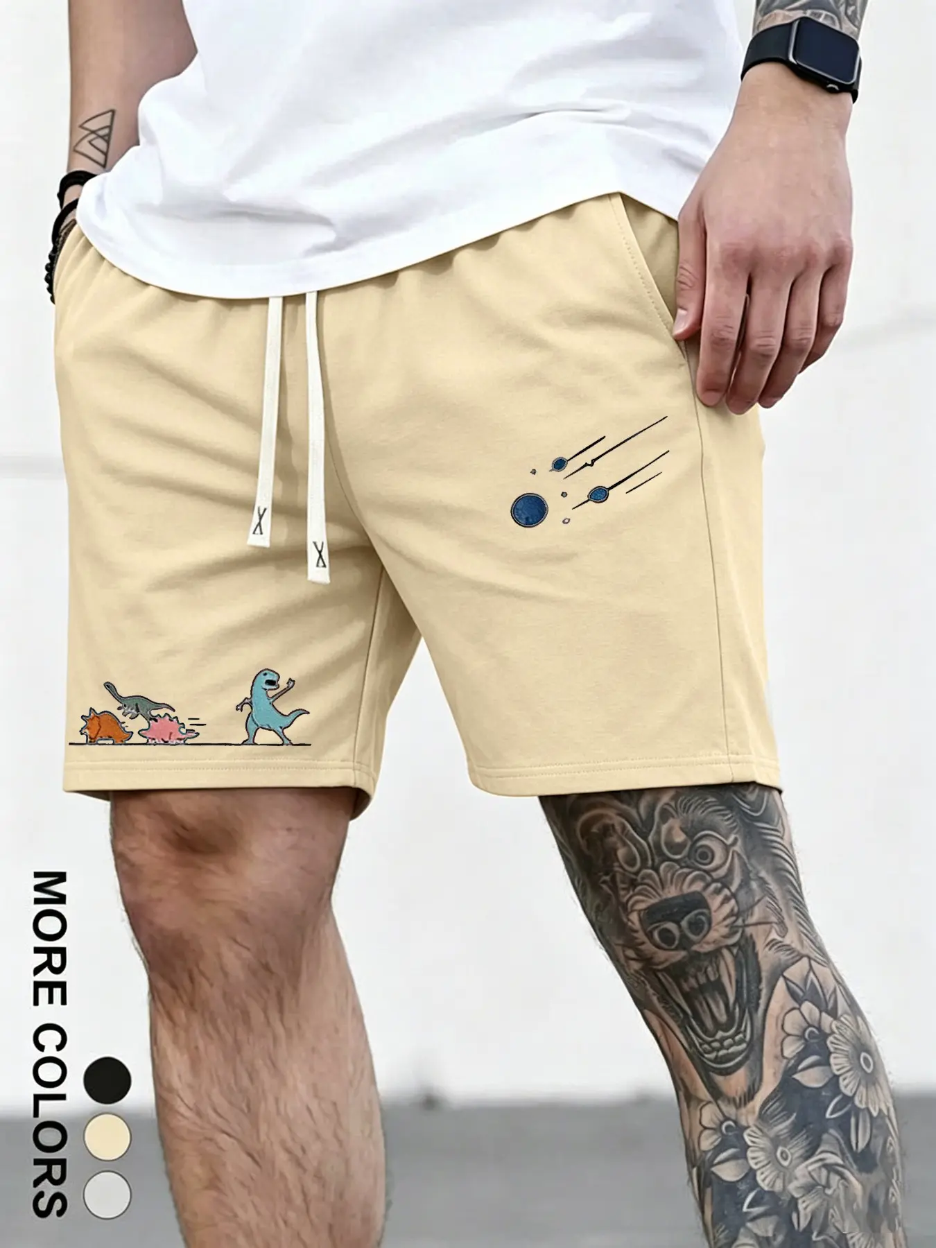 Unisex Cute Dinosaur and Planet Print Shorts, Casual Summer Drawstring Adjustable Shorts, Comfortable Fabric, Slim-Fitting, Natural Waist, Short Length