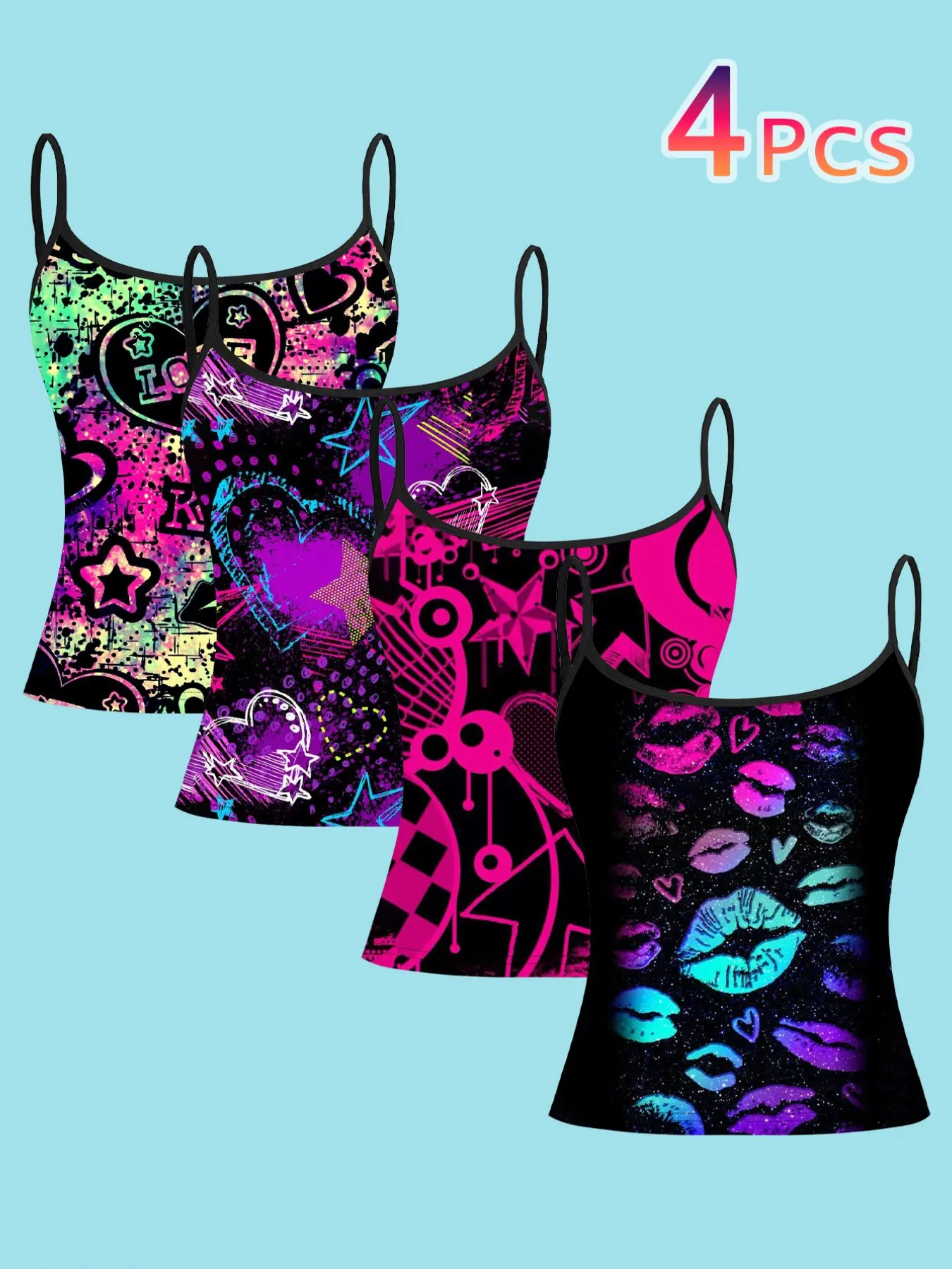 4-Piece Set Fluorescent Neon Vest, Y2K Graffiti Star Lipprint Print Spaghetti Strap Thin Strap Top, Summer Party T-Shirt, Casual Summer Sleeveless All-Season Wear
