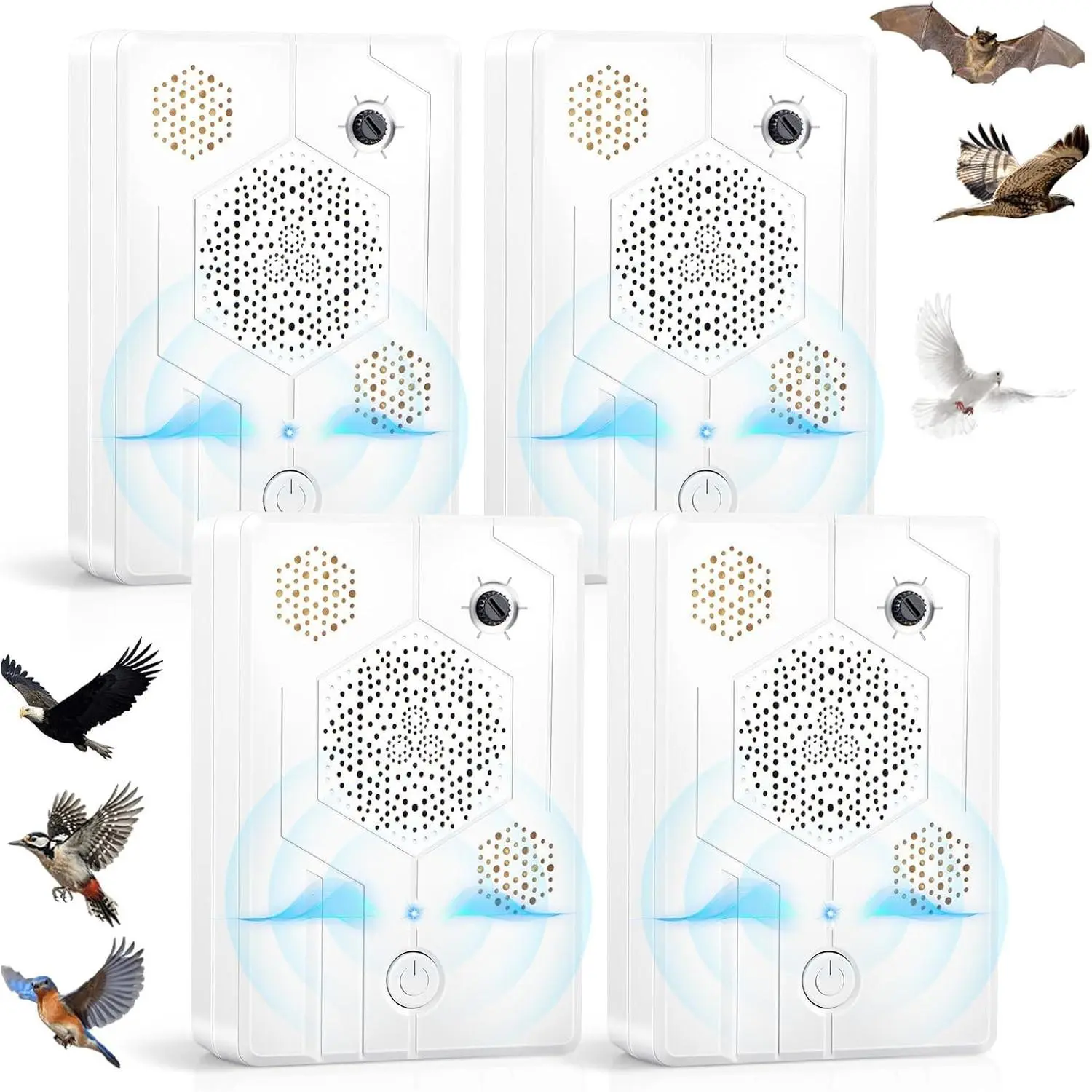 4Pack Upgraded Bat Deterrent Devices & Ultrasonic Bird Repellent Outdoor Rechargeable Woodpecker Deterrent for House Pigeon Repellent to Keep Birds Bats Out of Attic Porch Balconies Indoor