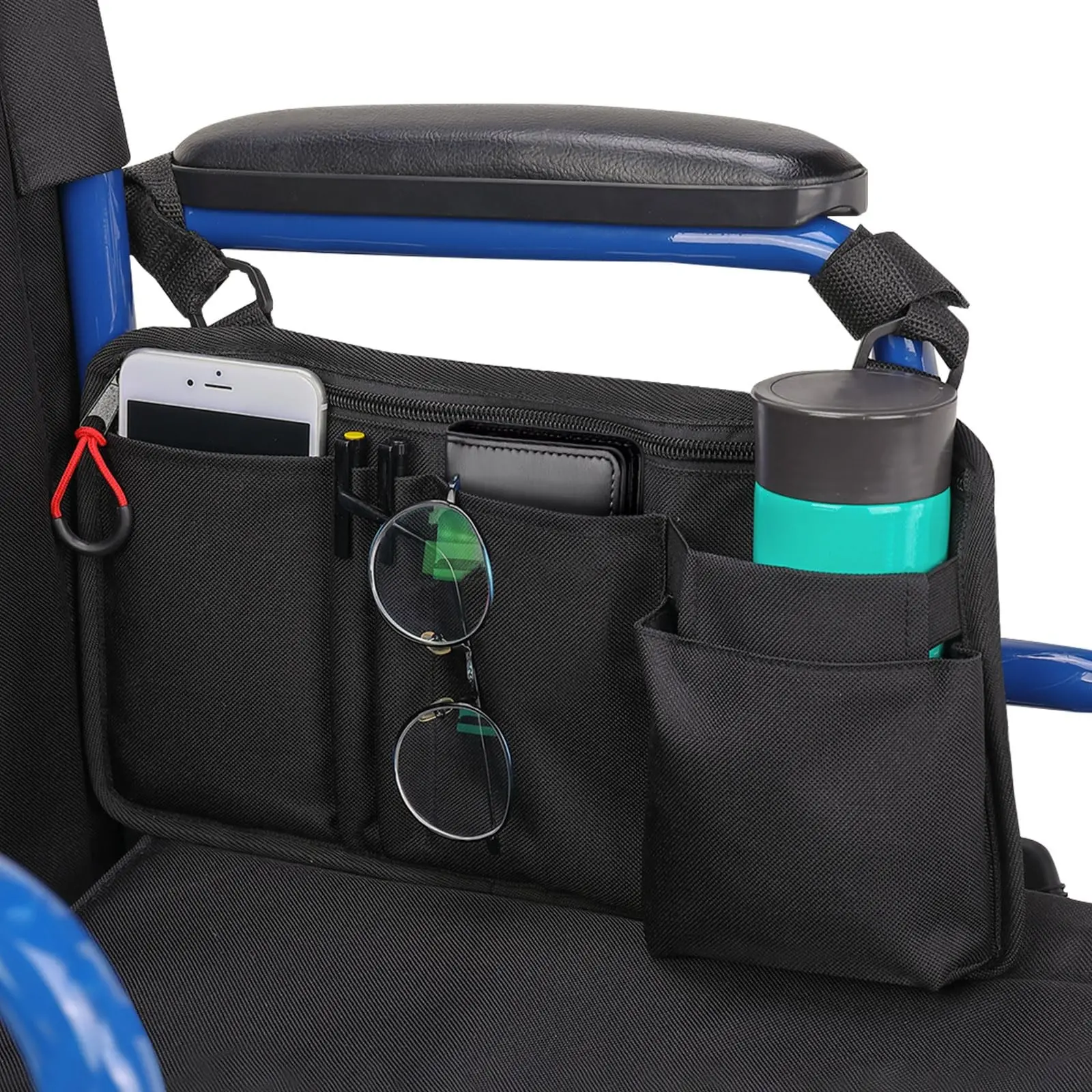 1 wheelchair armrest storage bag Organizer with cup holder, wheelchair accessories for seniors, walker cup holder, walker, electric scooter, or black wheelchair Organizer Bags (bag only)