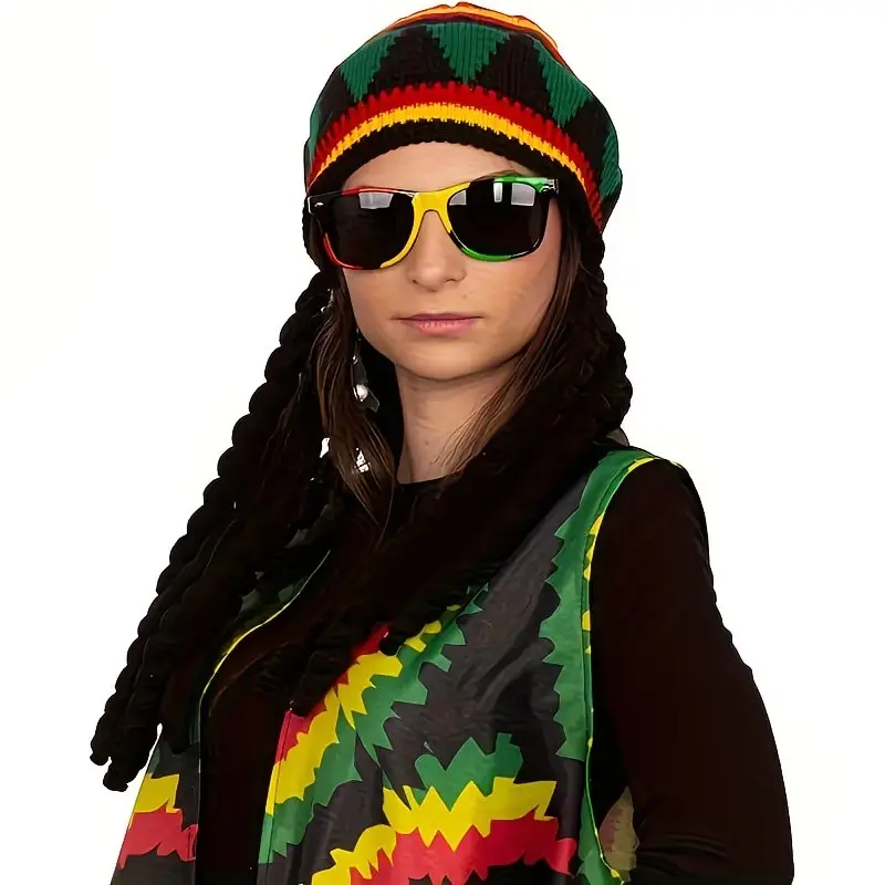 Reggae Jamaican Rasta Hat with Dreadlocks Wig, Heat-Resistant Synthetic Hair, Cosplay Halloween Party Accessory, Easy to Style, Hat Wigs