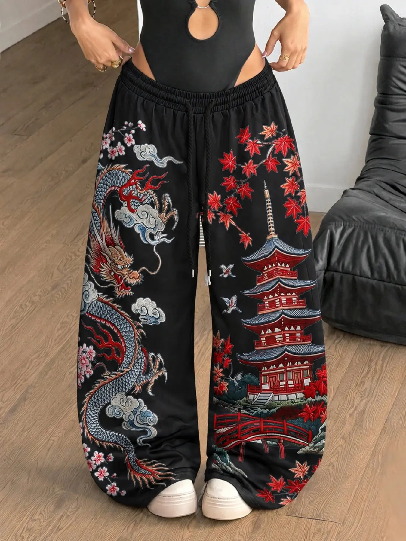 Unisex Dragon Pagoda Graphic Wide Leg Baggy Sweatpants, Drawstring Loose Fit Lounge Pants, Loungewear, Streetwear, Festival, Travel, Casual Daily
