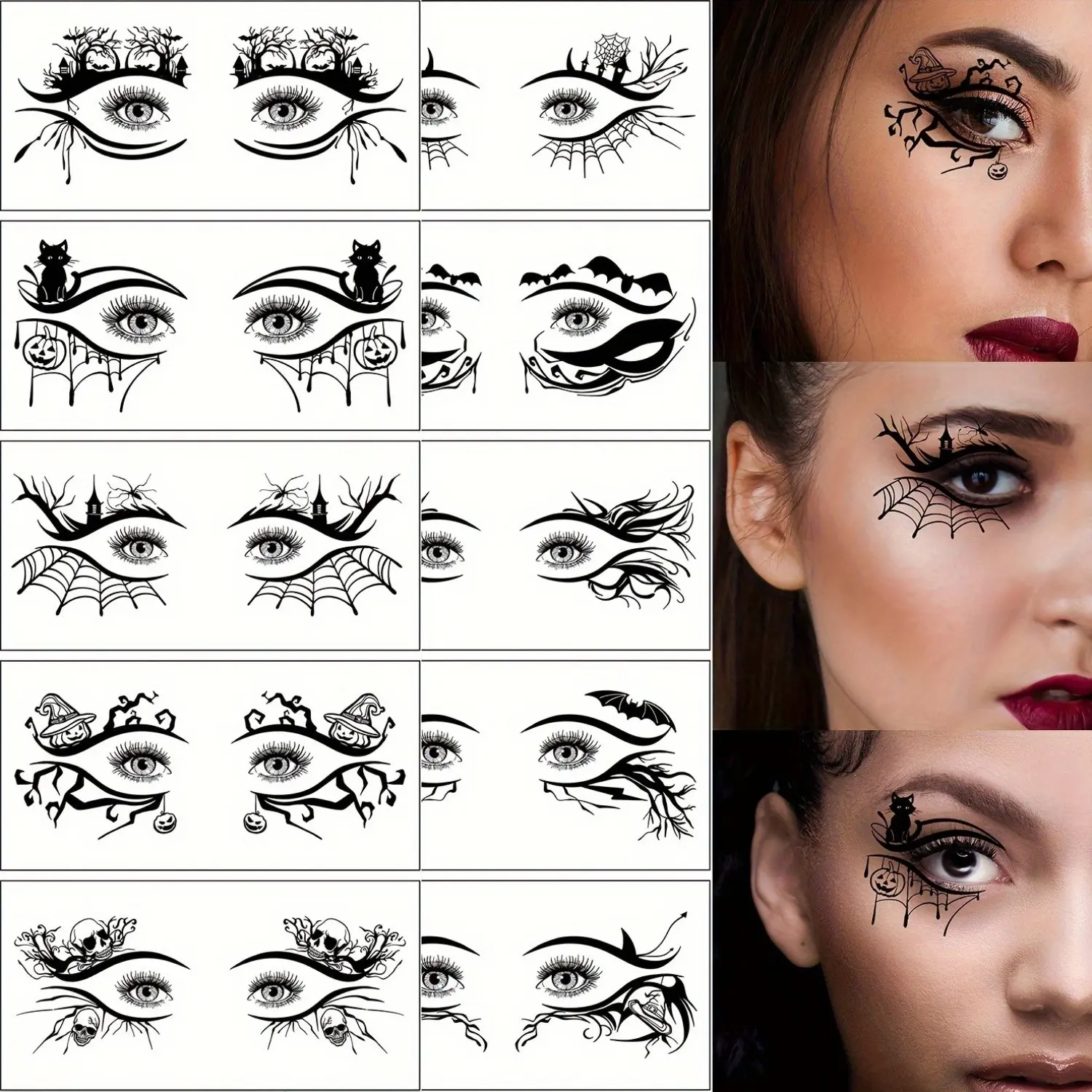 Halloween Temporary Eye Tattoo Stickers Pack of 10, Scary Skull Pumpkin Bat Spider Web Face Stickers, Novelty Cosplay Makeup Decor