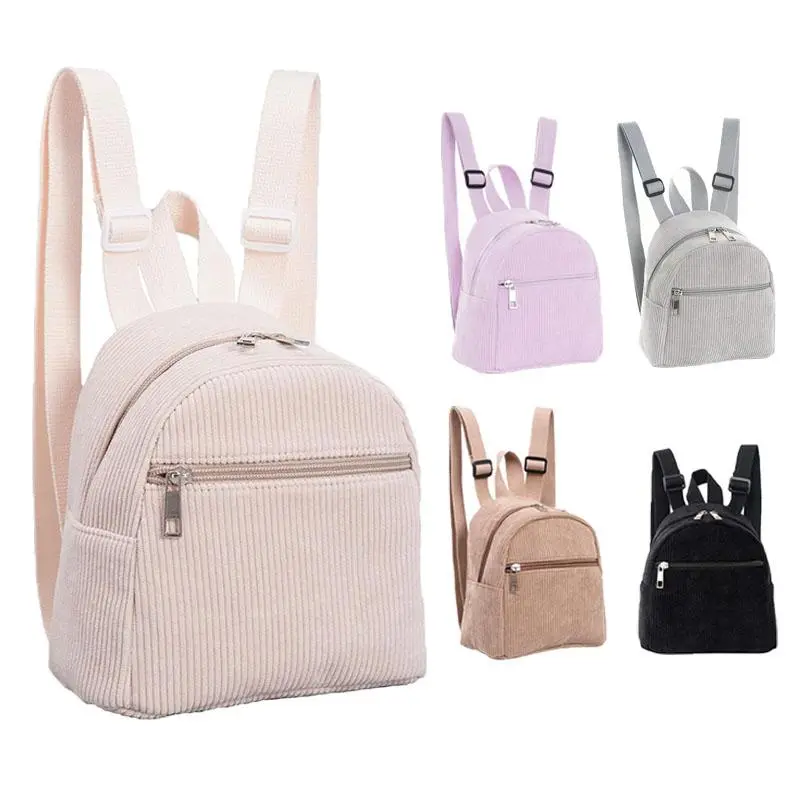 A compact mini backpack featuring adjustable straps and a striped corduroy finish; designed with multiple pockets, it is suitable for carrying daily essentials and perfect for school, travel, or everyday use