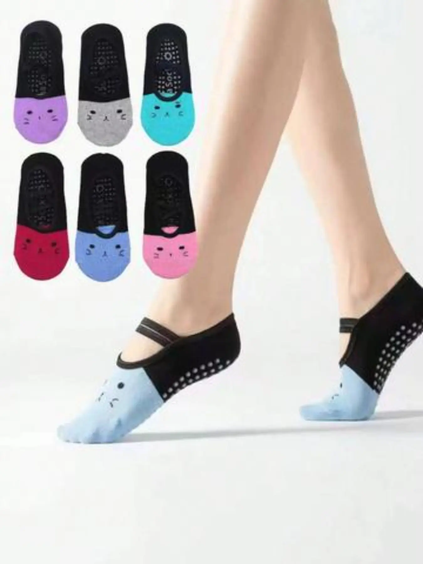 6 Pairs Cute Cat Design Yoga Socks for Women, Workout Socks, Breathable Sweat-Wicking, Ideal for Pilates and Aerobics, Casual Slim-Fit Spring & Fall Socks, Sports Fit Socks