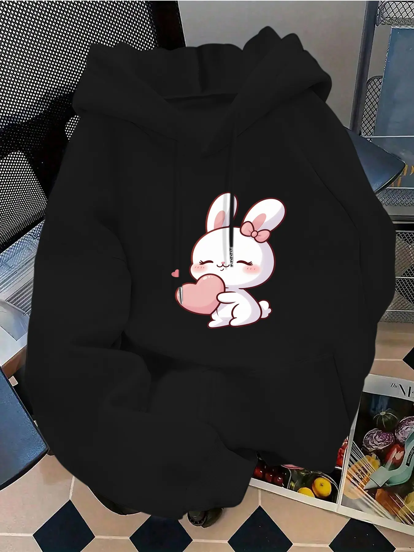 Women's Fashion Hooded Sweatshirt, Bunny Heart Print, Drawstring Kangaroo Pocket, Fall Winter Casual Sports Top, Perfect for Parties, Heart Print Hoodie