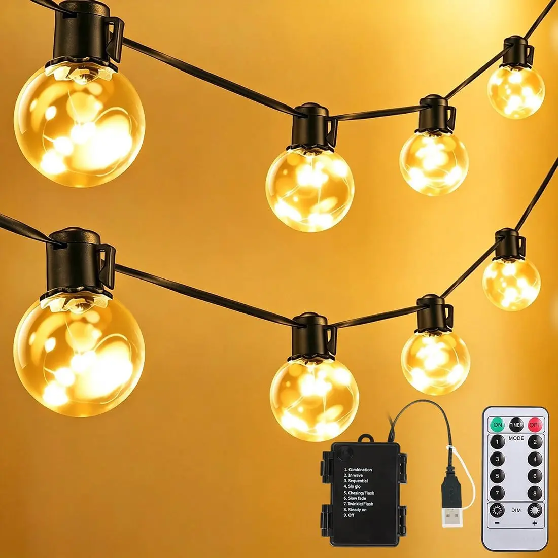Outdoor Waterproof LED String Lights, Battery-Operated 22ft 20 G40 Bulbs - Warm White Dimmable with Remote Control Timer, Shatterproof IP65 Hanging Lights for Backyard, Bistro Decor