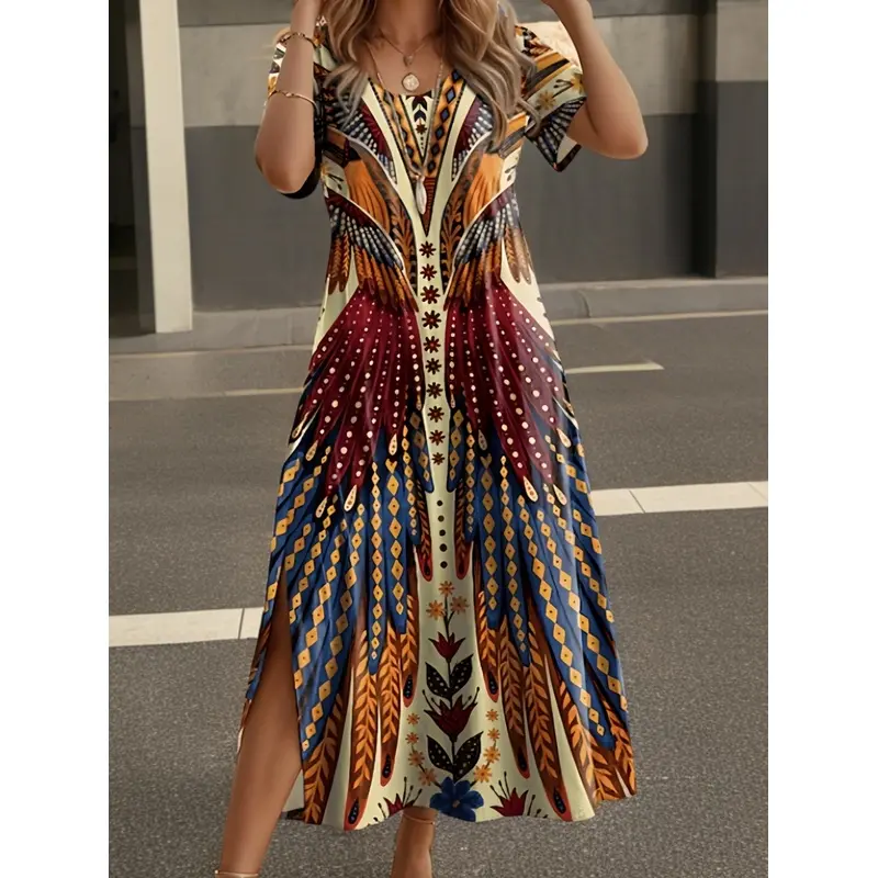 Women's Chic Ethnic 100% Polyester Knitting Casual Long Tunic Dress - Spring-Summer Style, Short Sleeves, Crew Neck, Front Slit, Elegant Clothes