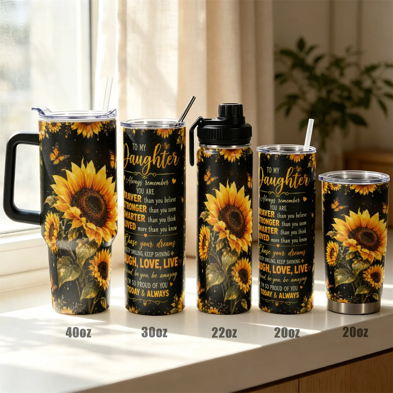 1pc, 40oz/30oz/22oz/20oz Sunflower Themed Vacuum Insulated Stainless Steel Tumbler with Leak Proof Lid, 12H Cold 8H Hot Travel Mug for Daughter, Birthday Graduation Gifts for Family Friend, Ideal for Gym Office Commute Hiking