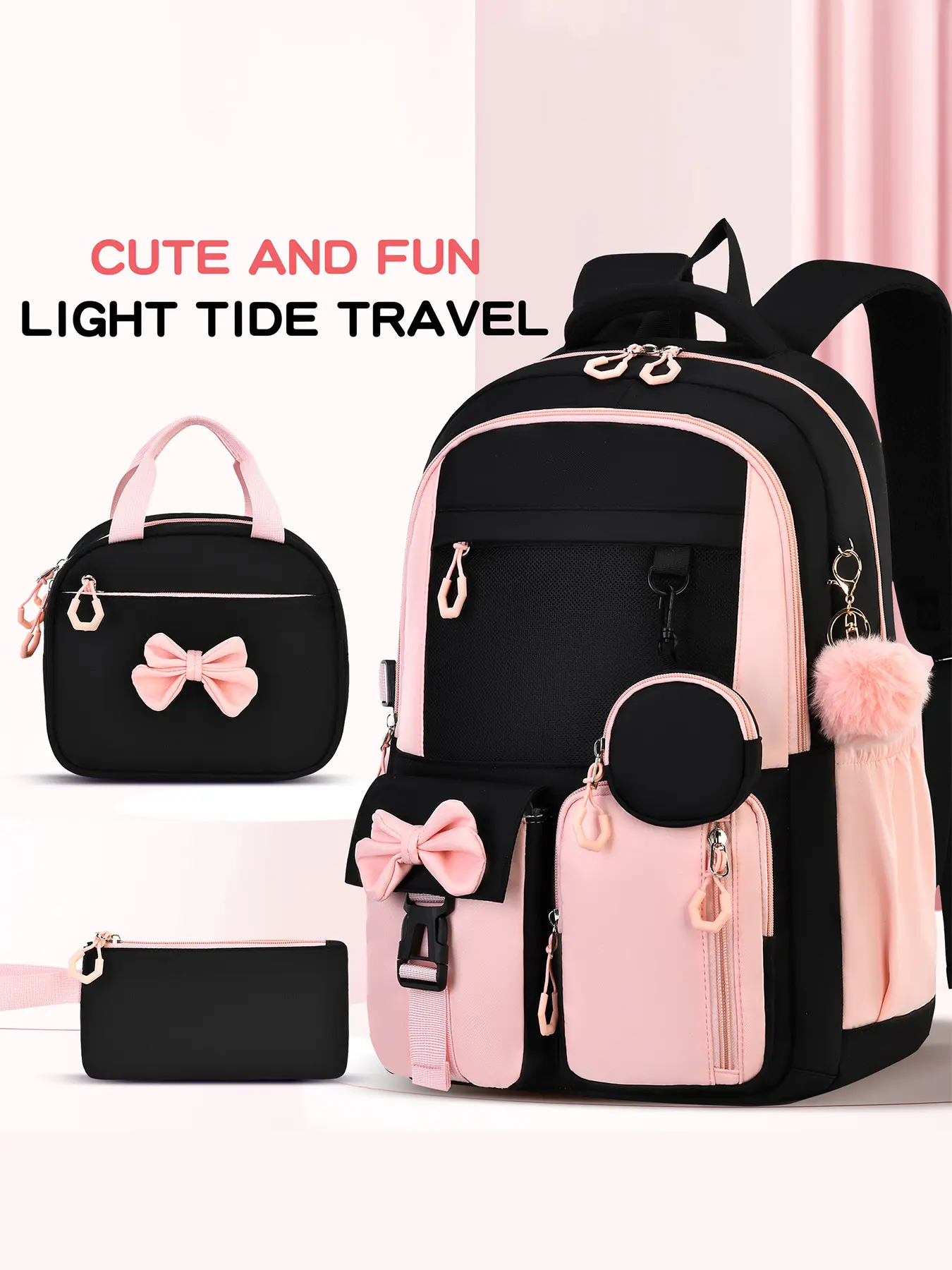 3pcs Contrast Color Bow Decor Colorblock Backpack Set With Lunch Bag Pencil Case Fluffy Pom Pom Charm Multi Compartment Large Storage Backpack for Girls School Daily Outdoor Travel