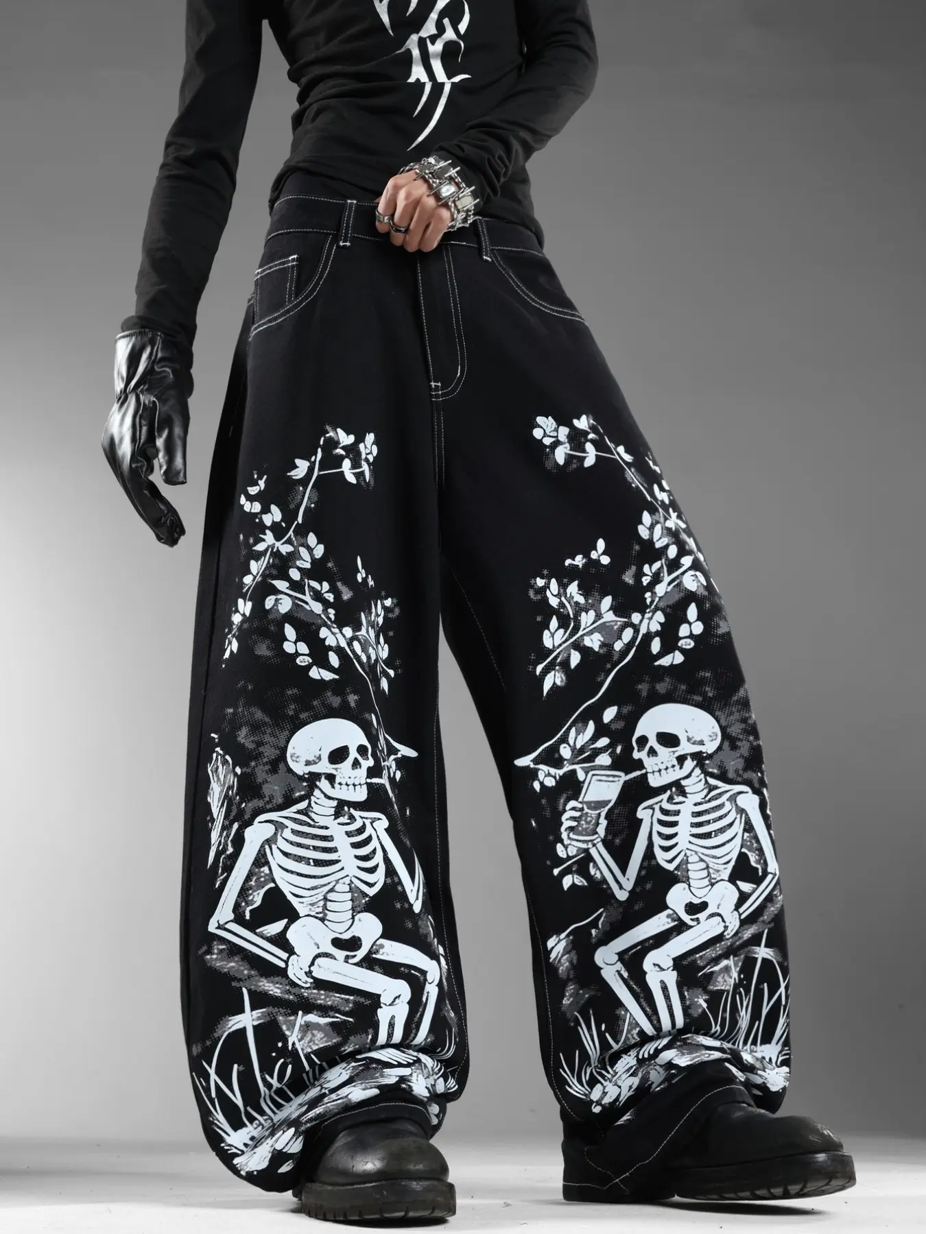 Men's Skull Print Jeans, Y2K Streetwear Dark Fashion, Oversized Loose Fit Wide Leg Pants, Casual Long Trousers, No Belt Included