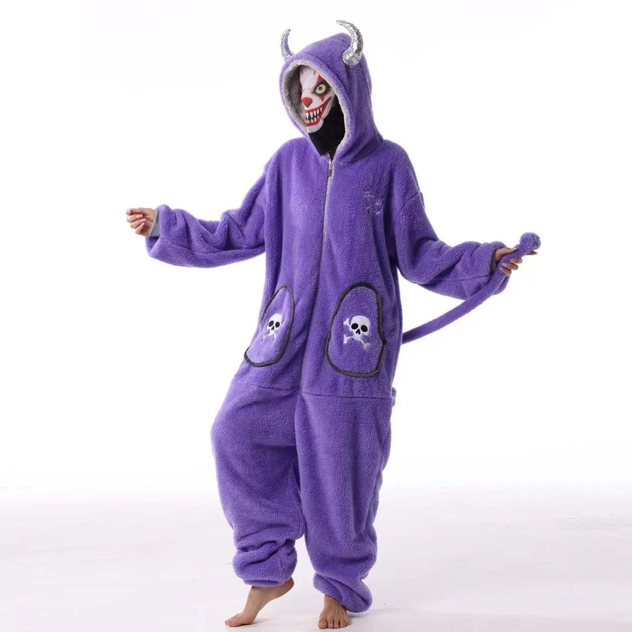 Halloween Devil Onesie, Plus Size Thickened, Hooded, Large Pockets, Unisex, Home Wear, TV Blanket, Free Satan Mask