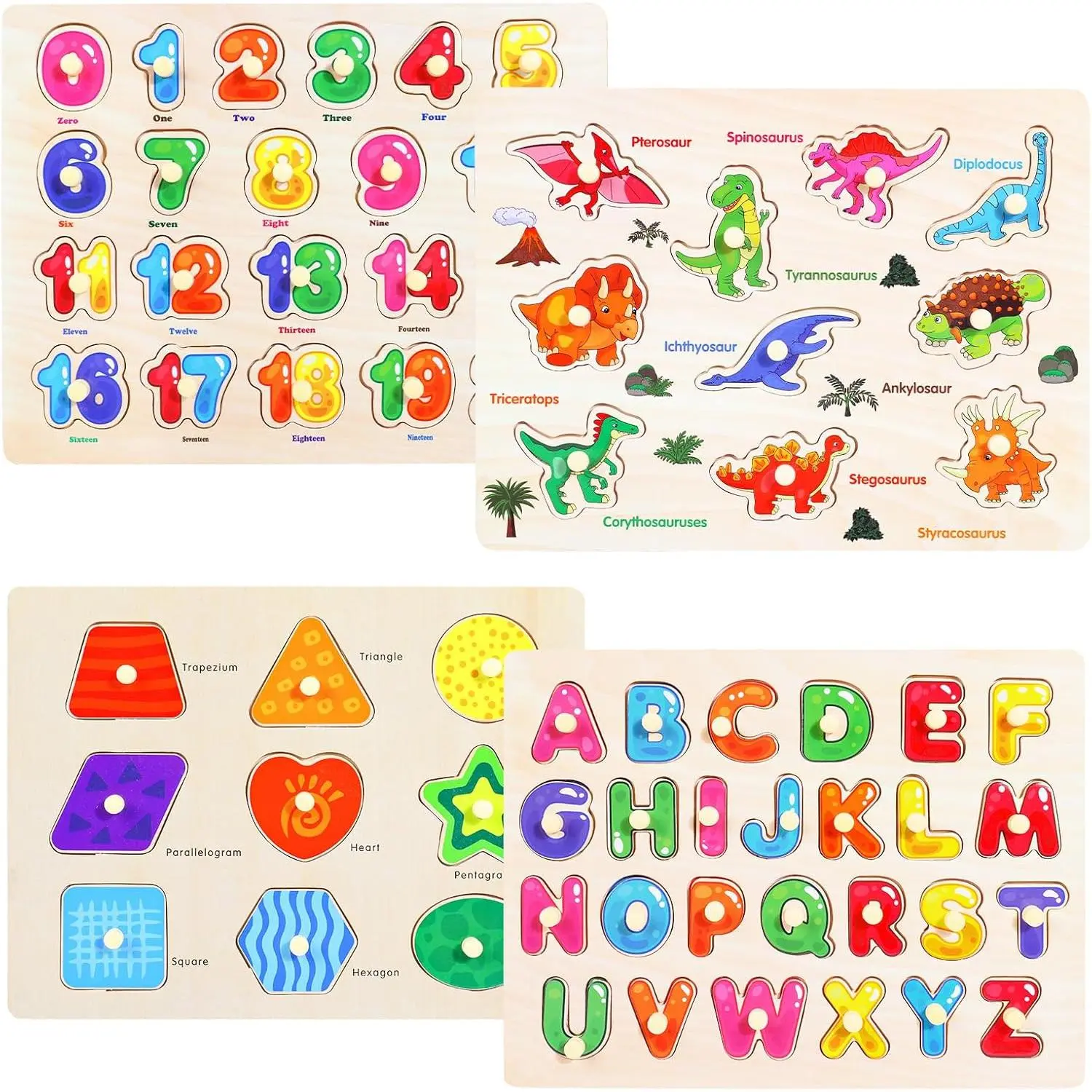 Montessori Wooden Peg Puzzles for Toddlers 3 4 5 Year Old, 4 Pcs Kids Educational Toys Preschool Learning Activities-Alphabet, Shape, Number and Dinosaur, Baby Puzzle Gifts for Boys Girlsfidget toys