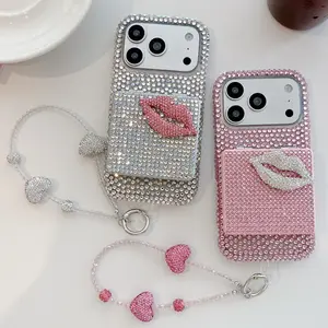 Full Diamond iPhone Case, Lip Mirror Stand Combo, Heart Bead Bracelet, High Aesthetic Y2K Style, Anti-Drop Protection Shell, Accessories