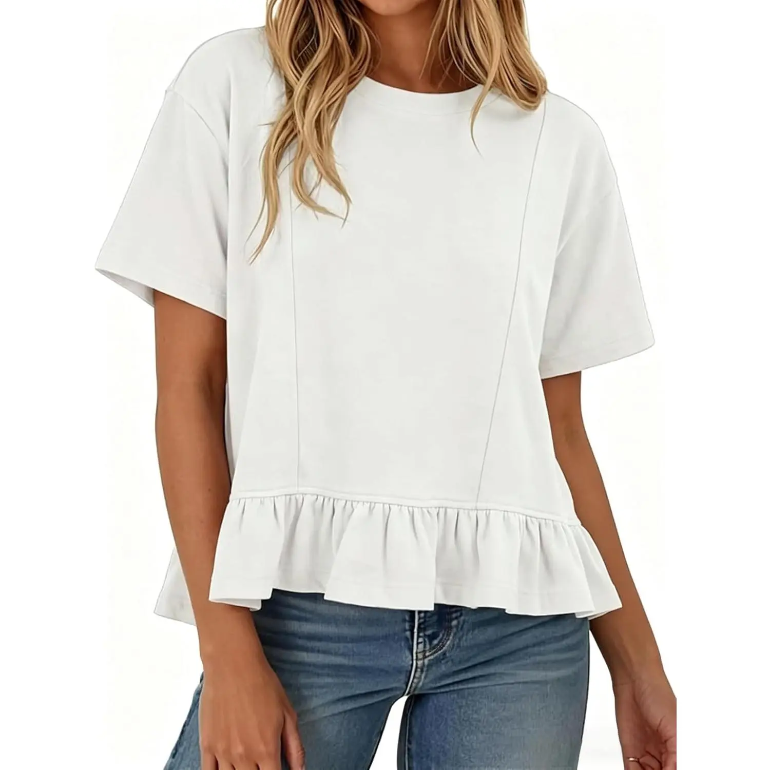Women's Summer Short Sleeve Crew Neck Knit Top with Ruffled Peplum Hem and Pleated Babydoll Design(Gift)