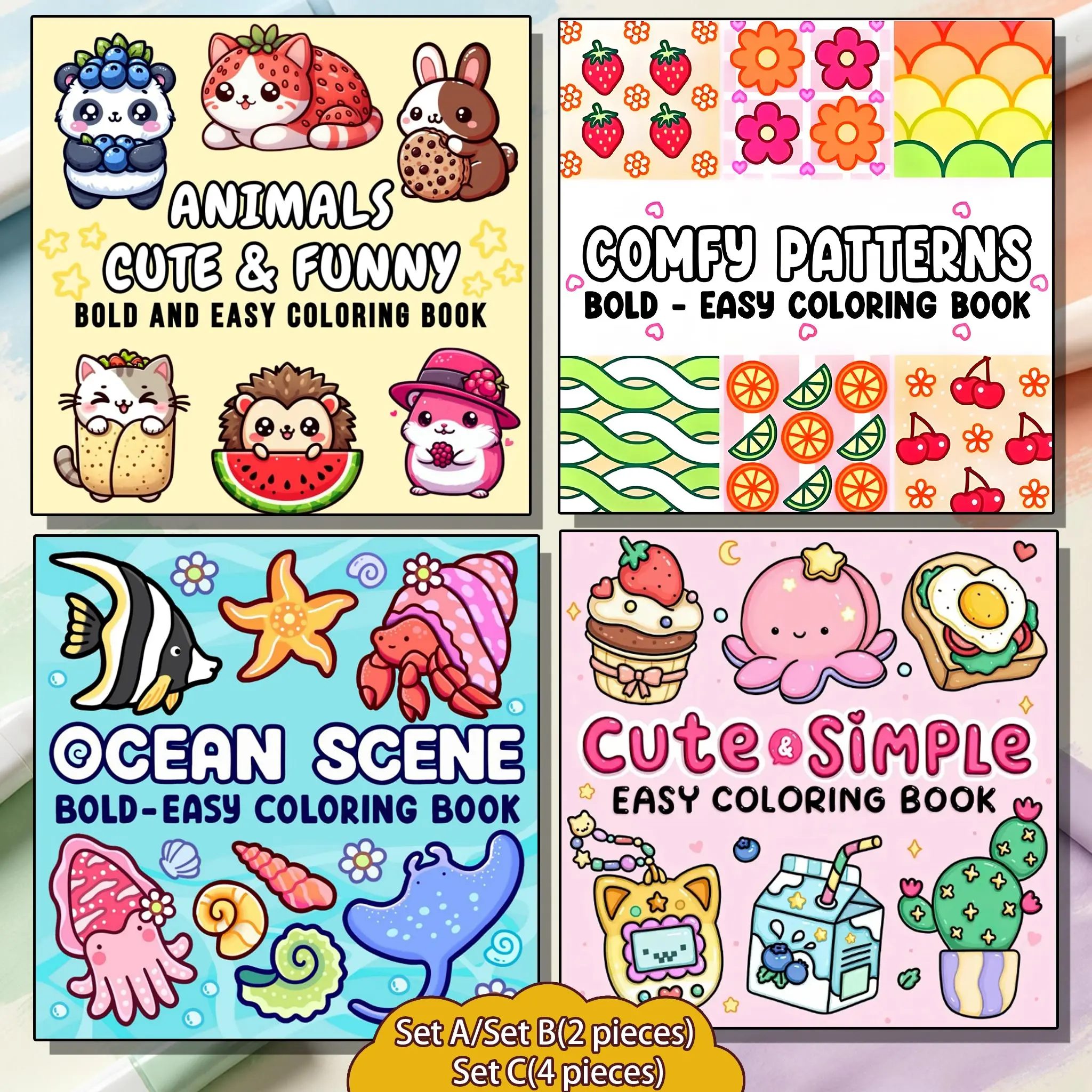 4 Pack Cute Coloring Books For Adults Teens Kids | Kawaii Animals, Comfy Patterns, Ocean Scene, Food Plant Coloring Pages, Diverse Themes, Stress Relief ASMR Coloring Therapy, Beginner Friendly Cute Aesthetic Bulk Coloring Book Gift Set