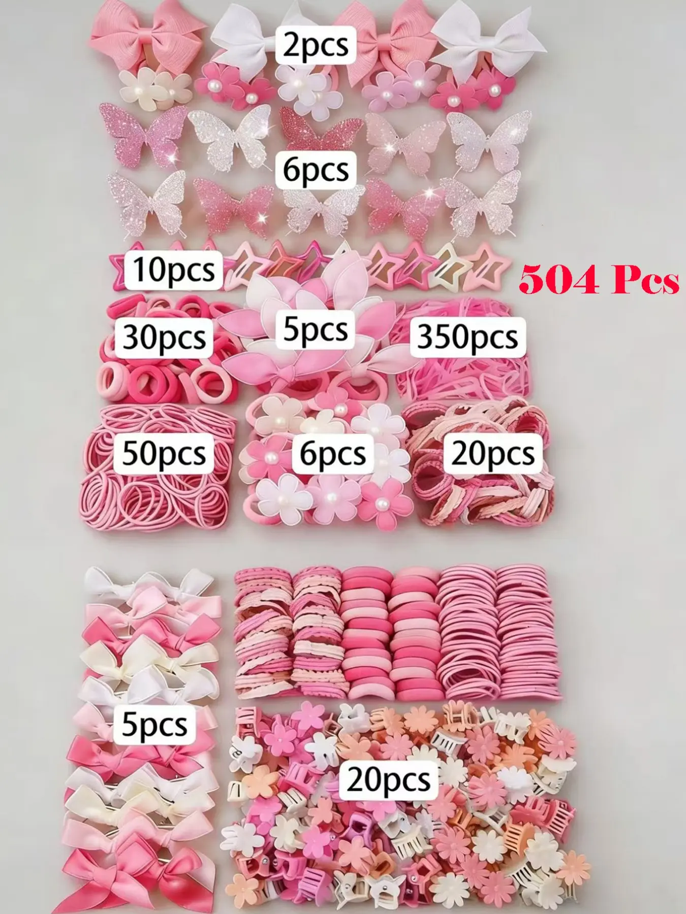 504pcs/Set Girls' Pink Bowknot Hair Clips, Hair Bows, Cute Princess Hair Accessories, Hair Decor, High Elastic Durable Non-Damaging Hair Ties, Hair Bands, Rabbit Ear Hair Rings, Versatile Duck Clip Barrettes, Suitable For Daily Use