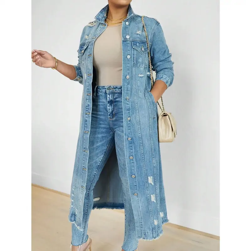 Women's Bohemian Collared Long-Sleeve Distressed Ripped Washed Denim Outerwear, Slim Button-Down Casual Solid Color Coat, Longsleeves
