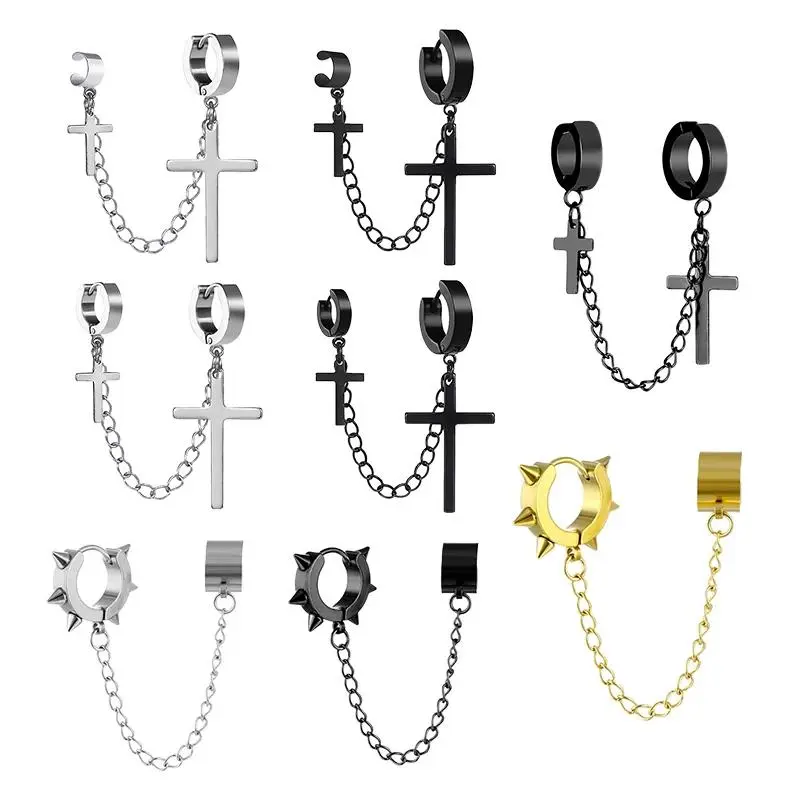 1Pcs Fashion Punk Cross Pendant Clip Earring for Teens Women Men Ear Cuffs Earring Jewelry Retro Metal Chain Tassel Earings