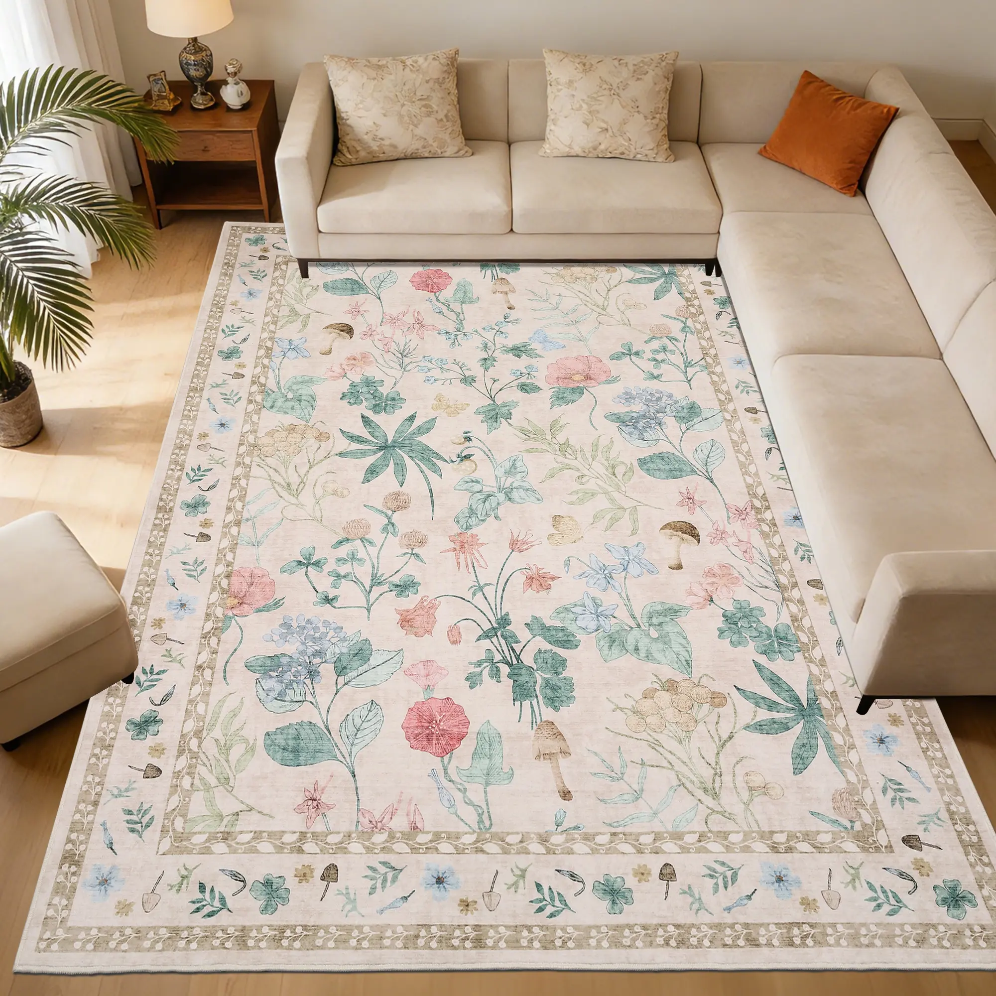Modern Washable Area Rug, Vintage Floral Print Floor Cover with Non Slip Backing, Non-Slip Low Pile Carpet for Living Room, Bedroom