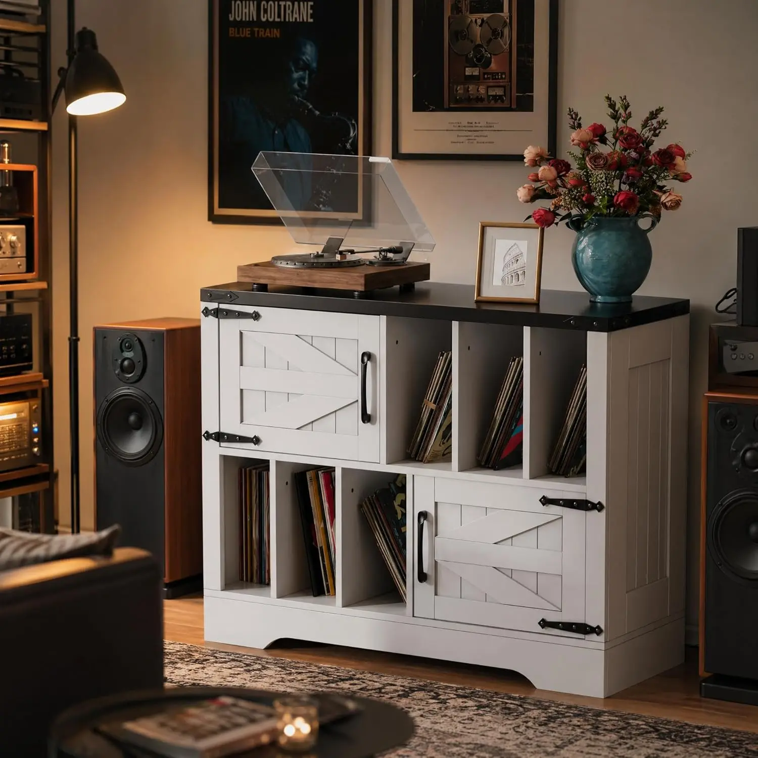 39" Large Record Player Stand, Vinyl Storage Farmhouse Wood Turntable Cabinet with 2 Barn Doors, Mid-Century Modern Record Storage Holds Up to 450 Albums for Living Room & Bedroom