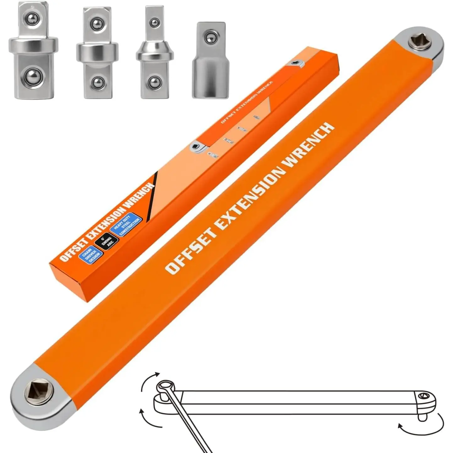 Offset Extension Wrench, Zero  Ratchet Extension Set   Socket Wrench Extender Tool with 1/2", 1/4", 3/8" Drive Adapters and 1/4" Socket for Tight Place Orange