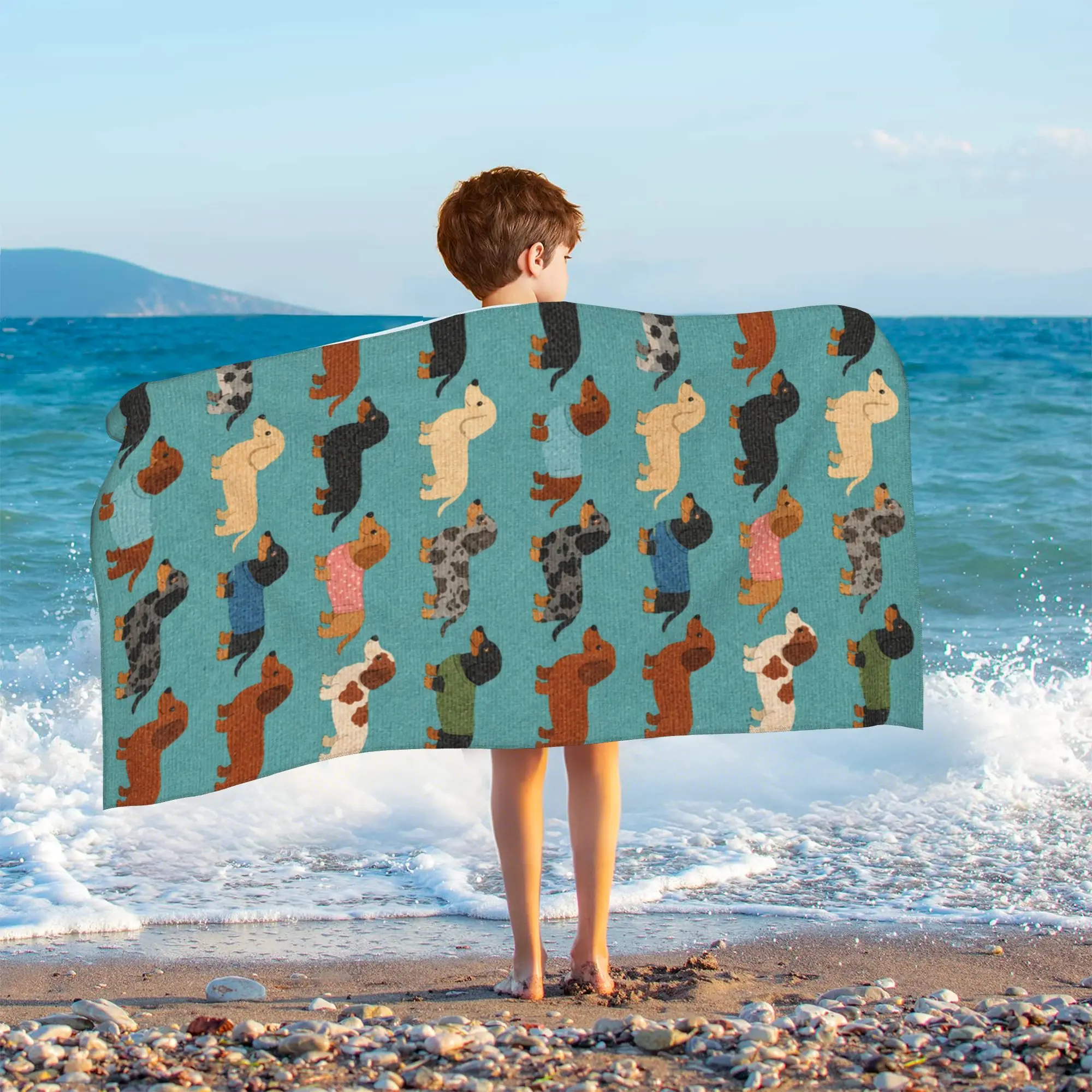 Kids Beach Bath Towel Cute Dachshund Dog Print Microfiber Ultra Absorbent Quick Dry Sand Free Soft Plush Multi-Purpose Shower Towel Lightweight Travel Blanket for Toddlers Children 20x40 Inch
