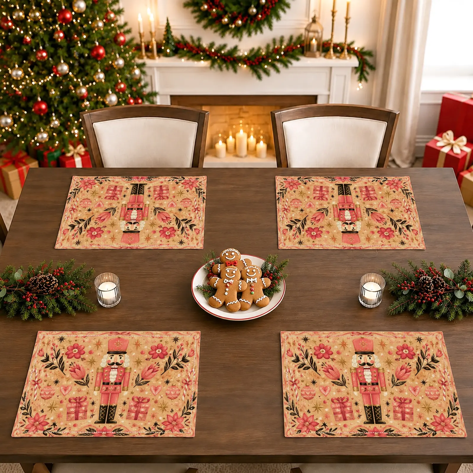 4/6pcs Nutcracker Flower & Gift Box Placemats, Kitchen Decorative Placemat, Vintage Christmas Style for Dining Table, Kitchen, Christmas Dinner & Holiday Home Decor, Christmas Gifts, Party Decoration
