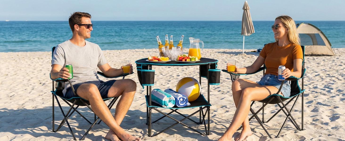 All in One Tailgate Table, Portable Beach Table with Cup Holders, Camping Table Foldable with Side Pockets Carry Bag for Camp Outdoor Sand Beach Picnic Fishing Tailgating Essentials