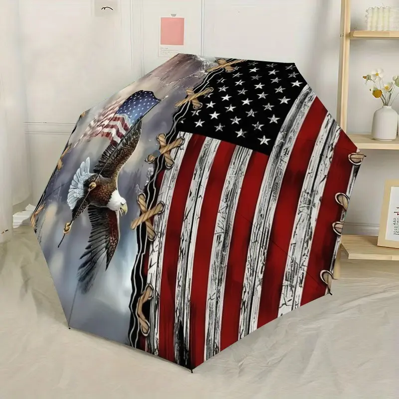 Eagle Xing American Flag Handheld Automatic Folding Umbrella, Portable Outdoor Accessory, Perfect Gift for Christmas and Birthday