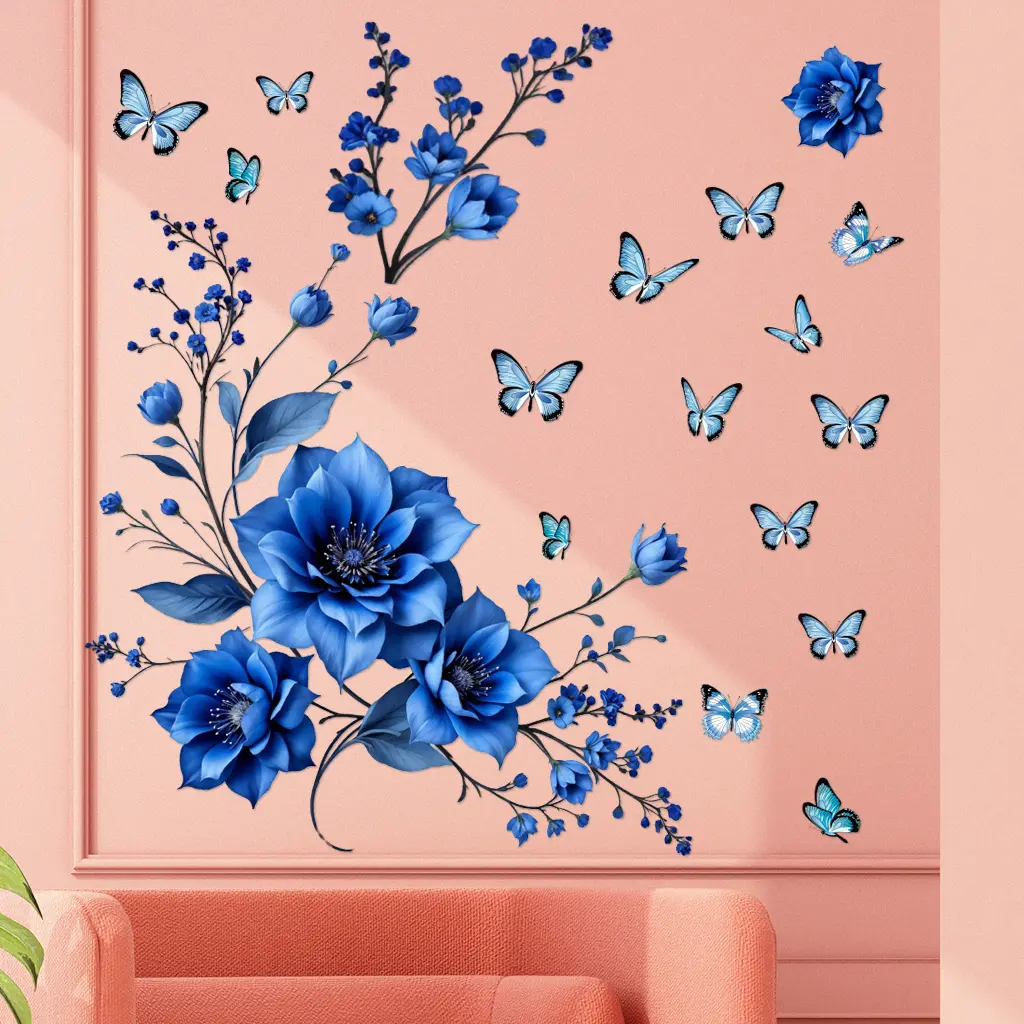 1 set of beautiful blue butterfly wall stickers - gradient floral decoration - self-adhesive waterproof removable creative stickers for living room and bedroom Waterproof Wall Decals Flower Wall Stickers Wall Stickers Decorations