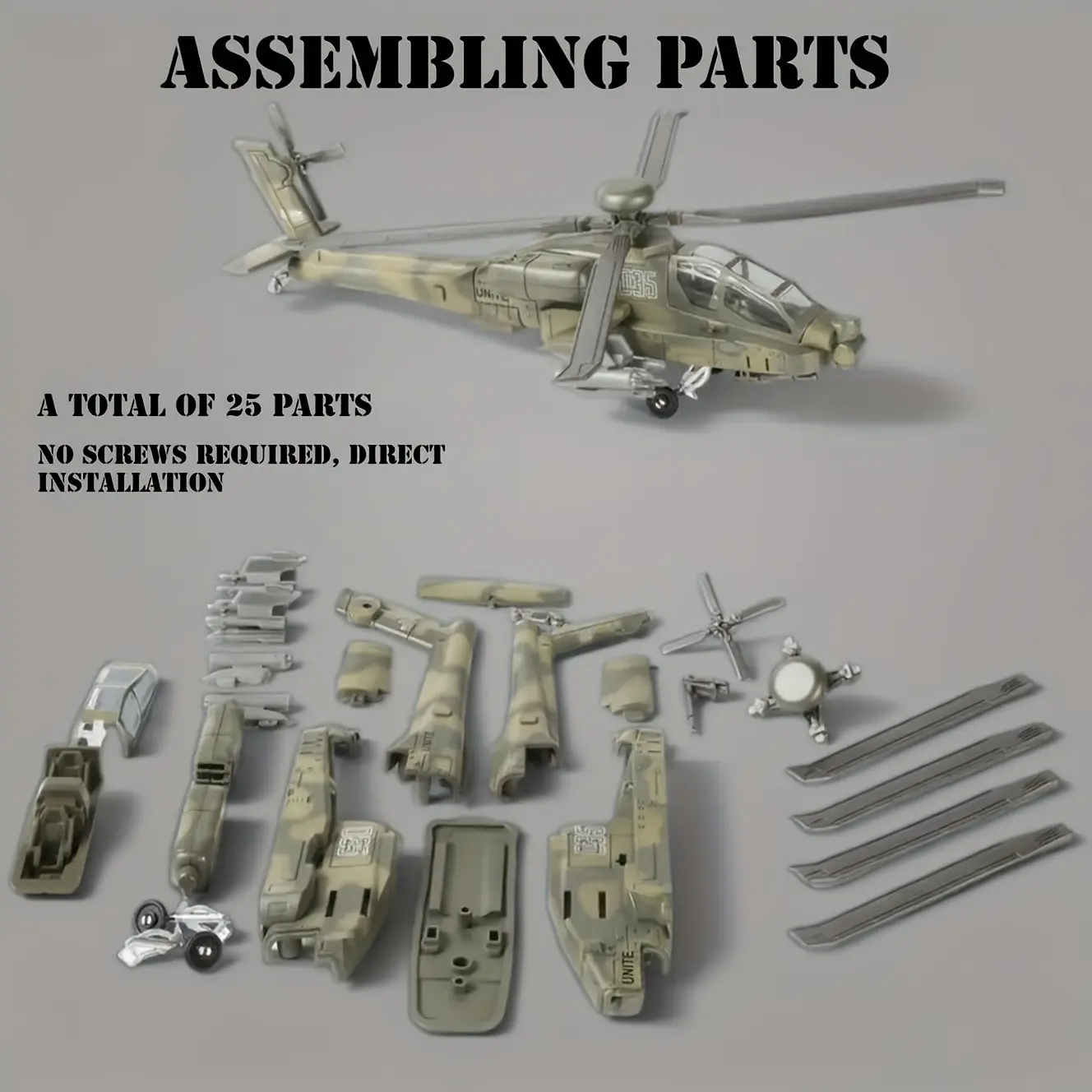 1:72 Scale Ah64 Helicopter Model Kit, Diy Collectible Model, Durable Plastic, Desktop Decor, Office Desk Ornament, Perfect Gift for Collectors and Aviation Enthusiasts