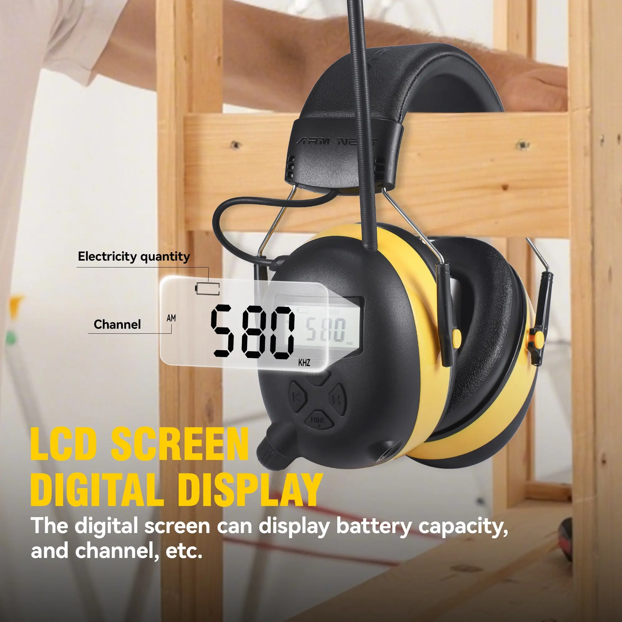 NRR 30dB Bluetooth 5.4 AM FM Radio Earmuffs, Digital LCD Display Noise Cancelling Hearing Protection Ear Muffs, Ear Protectors with 3.5mm AUX Port for Mowing, Construction & Woodworking