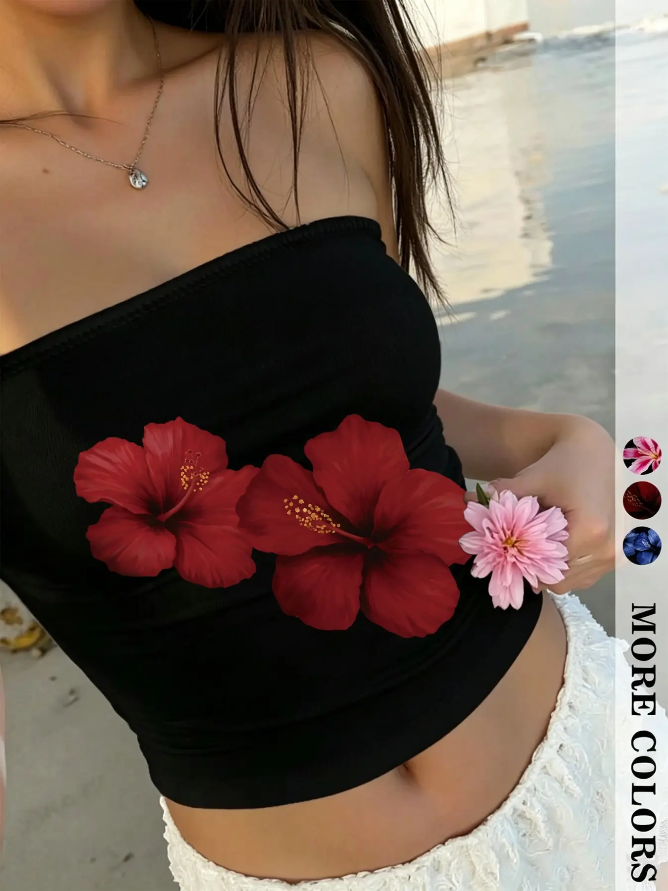 American Retro Sexy Crop Top, Hibiscus Print Slim Fit Casual Summer Sleeveless Shoulderless Top, Casual Wireless Bra with Buckle, Full Coverage Unlined