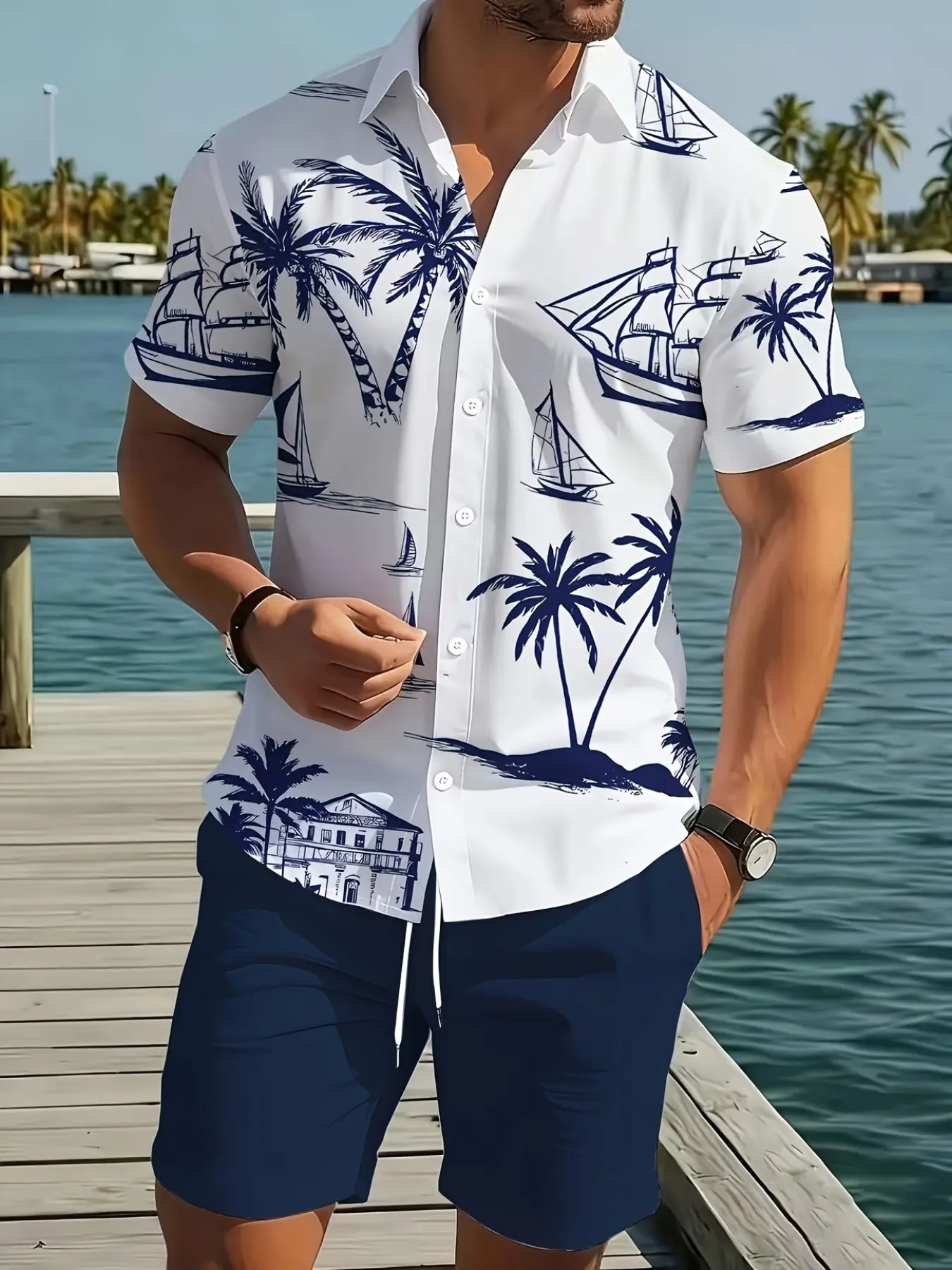 Men's Summer Casual Shirt Set, Tropical Coconut Tree Print, Short Sleeve Hawaiian Shirt, Drawstring Shorts with Pockets, All Seasons, Polyester