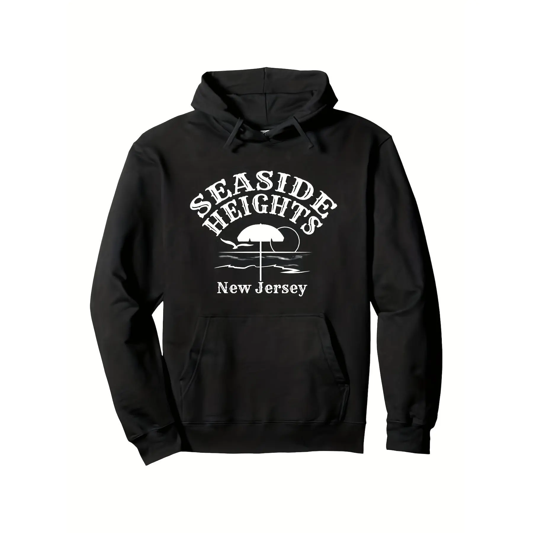 Men's Seaside Heights New Jersey Beach Logo Hoodie - Plus Size Black & White Jersey Shore Sweatshirt, Iconic Amusement Park Design, Casual Pullover Hooded Sweatshirt for NJ Boardwalk Fans