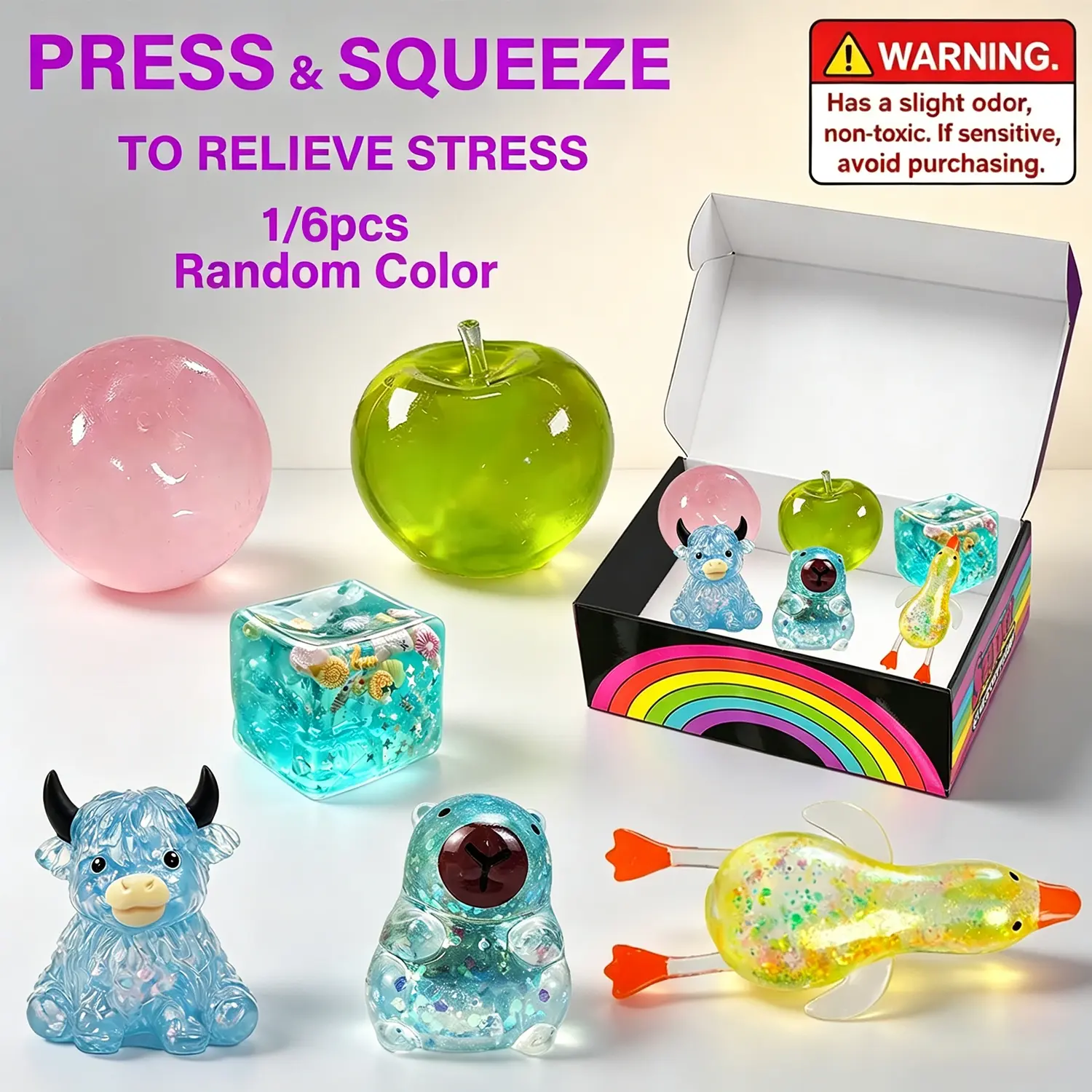 1/6Pcs Random Color Transparent Glitter Squishy Squeeze Toy Set, Animal Fruit Cube Mixed Shape Soft Stress Relief Fidget Sensory Toys, Portable Hand Play Gift Toys for Kids and Adults