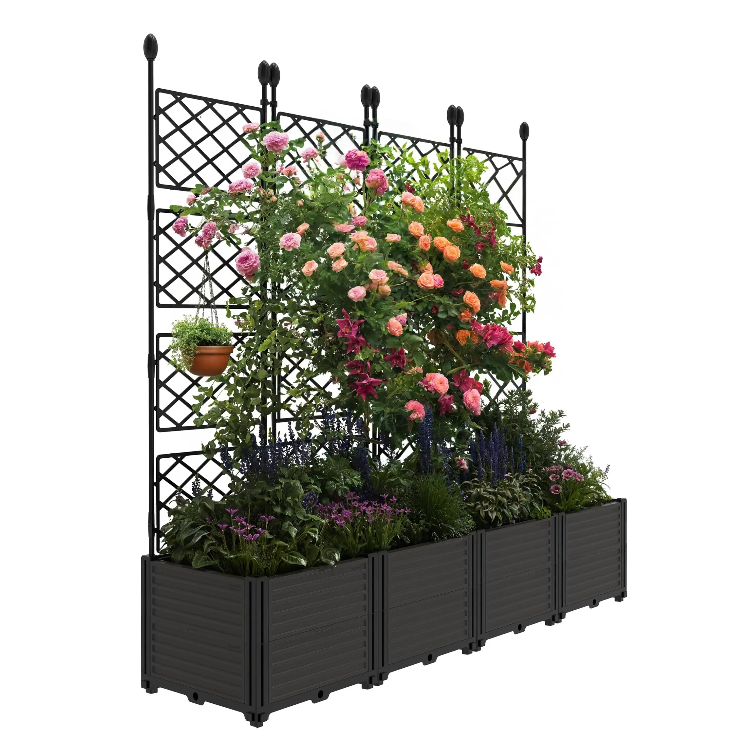 50"W x 63"H Plastic Raised Garden Bed with Trellis & Privacy Screen, Lightweight Solid Planter Box for Vine Climbing Plants, Vertical Outdoor Garden for Patio, Balcony and Backyard