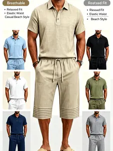 Summer men's linen casual loose Classic POLO short-sleeved seven-inch pleated shorts set, comfortable and breathable, suitable for daily leisure and commuting, beach and vacation outdoor wear, the perfect gift for your boyfriend