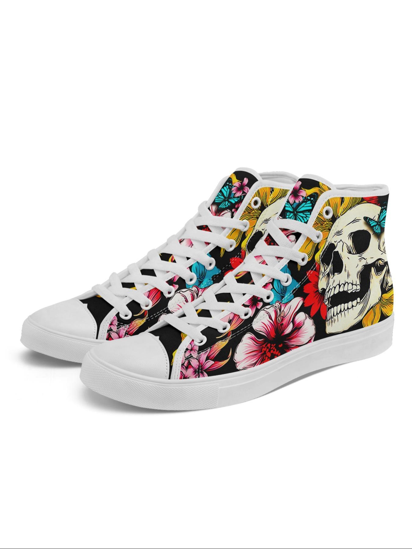 Women's Halloween Themed Lace Up Sneakers, Cartoon Ghost/Skull & Floral & Butterfly Print High Top Canvas Shoes, Casual Comfortable Lightweight Athletic Sports Shoes for Daily Wear