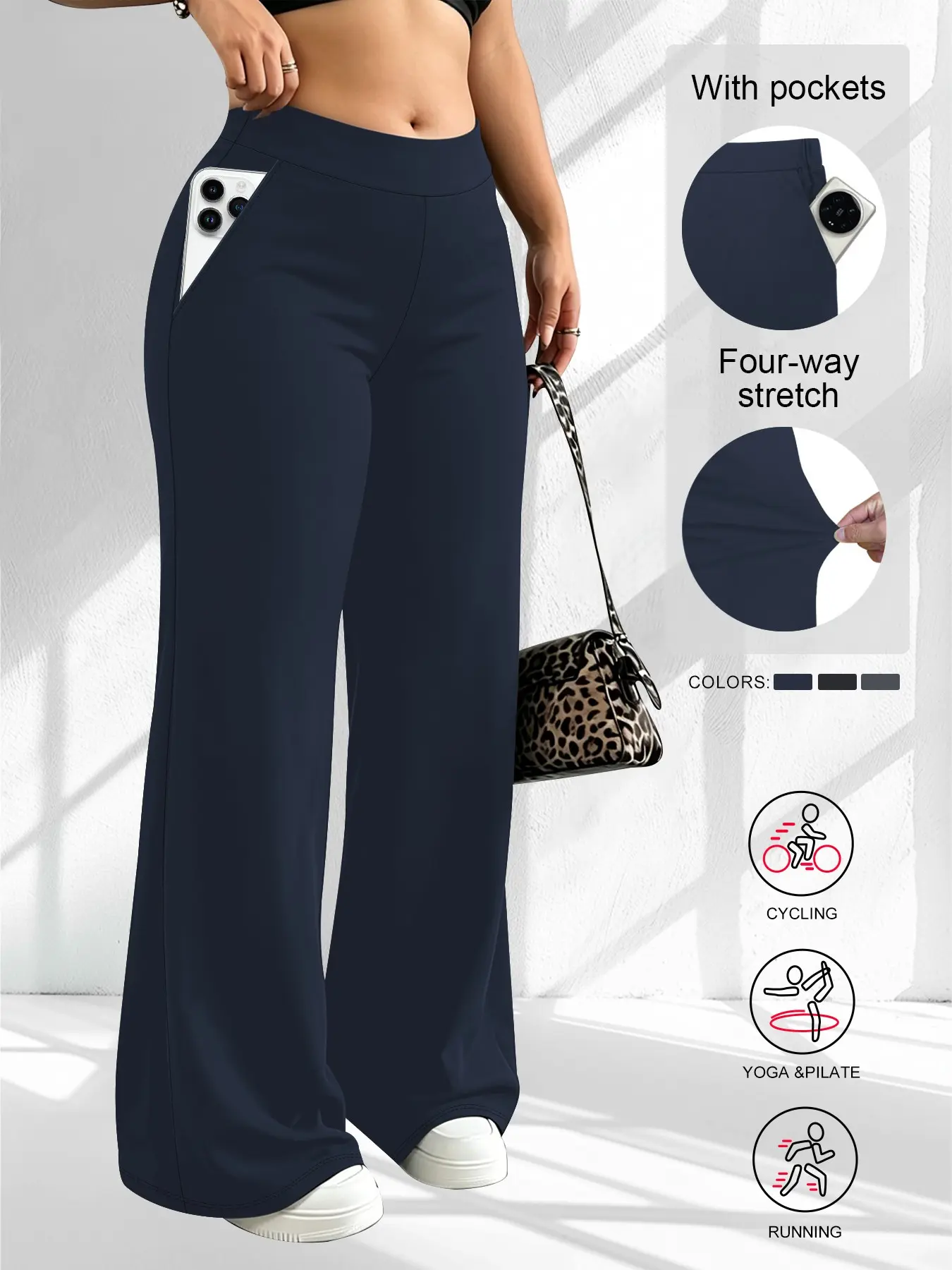 Plus Size Women's Solid Color High-Waisted Flare Leg Pants, Bottoms, Trousers with Pockets, Fashionable Comfortable Stretchy Fabric, Suitable for Office and Daily Wear