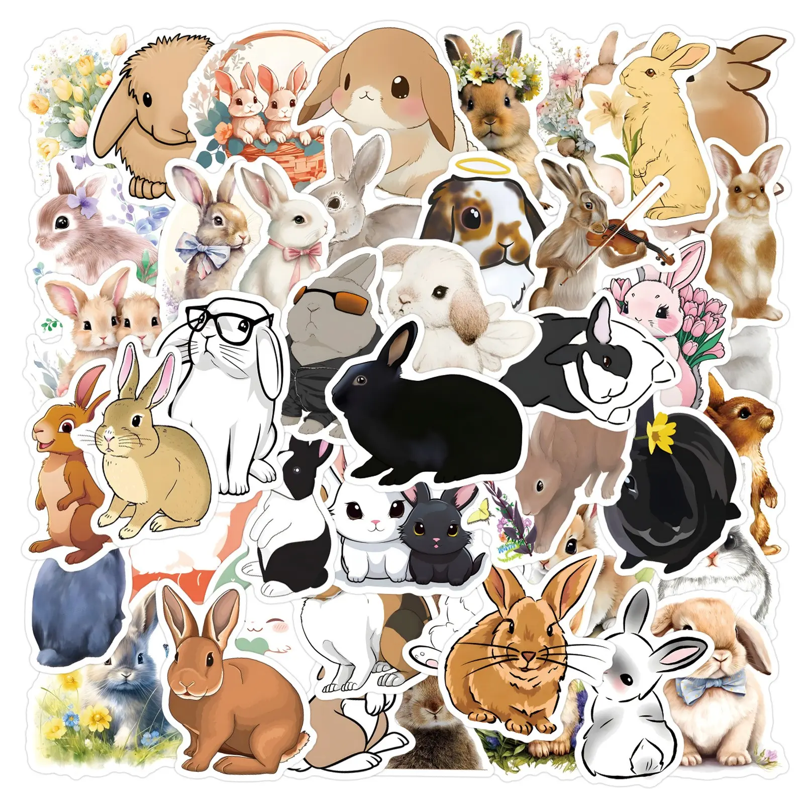 Cute Rabbit Graffiti Stickers, Waterproof Animal Series, 55-110 Sheets, Luggage, Stationery, Water Bottle, Phone Case Decorations