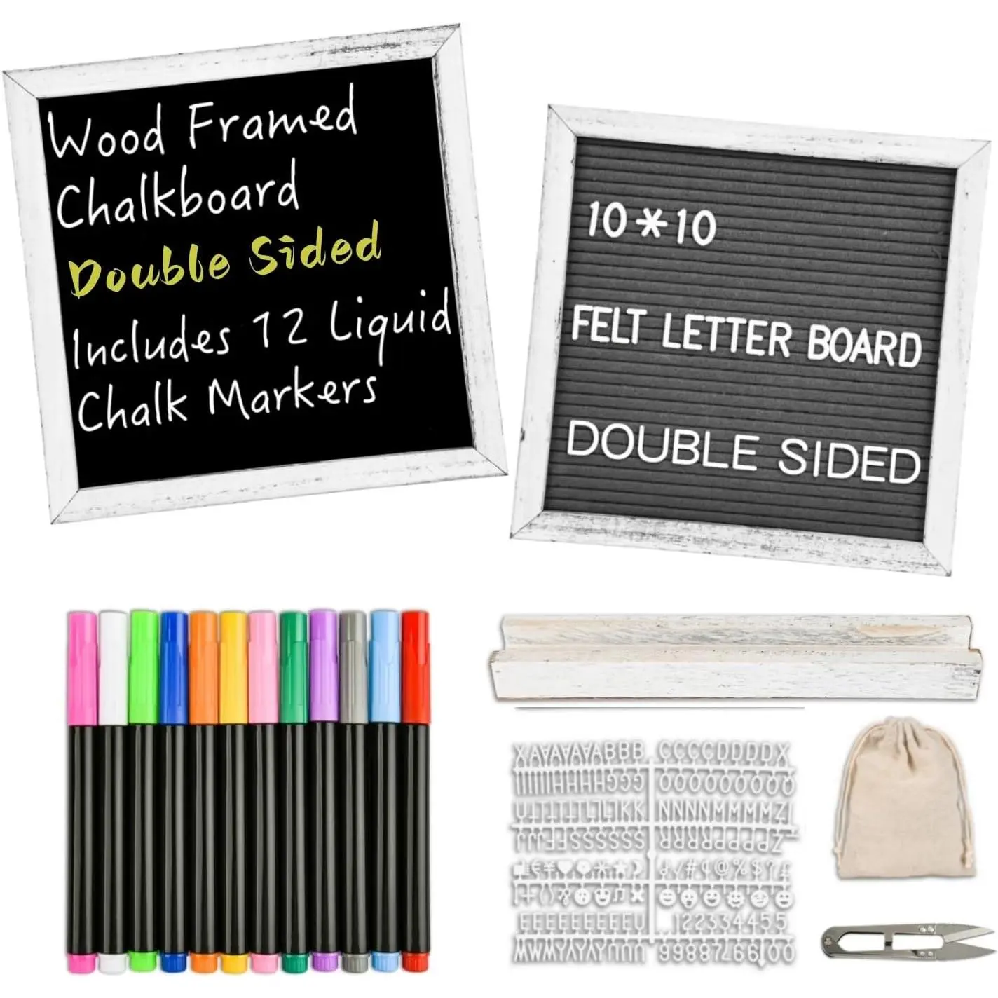 10" x 10" Double Sided Chalkboard Sign with Stand, Small Chalk Board Blackboard  Frame Felt Letter Board with 12 Chalk Markers and 340 Letters (White)