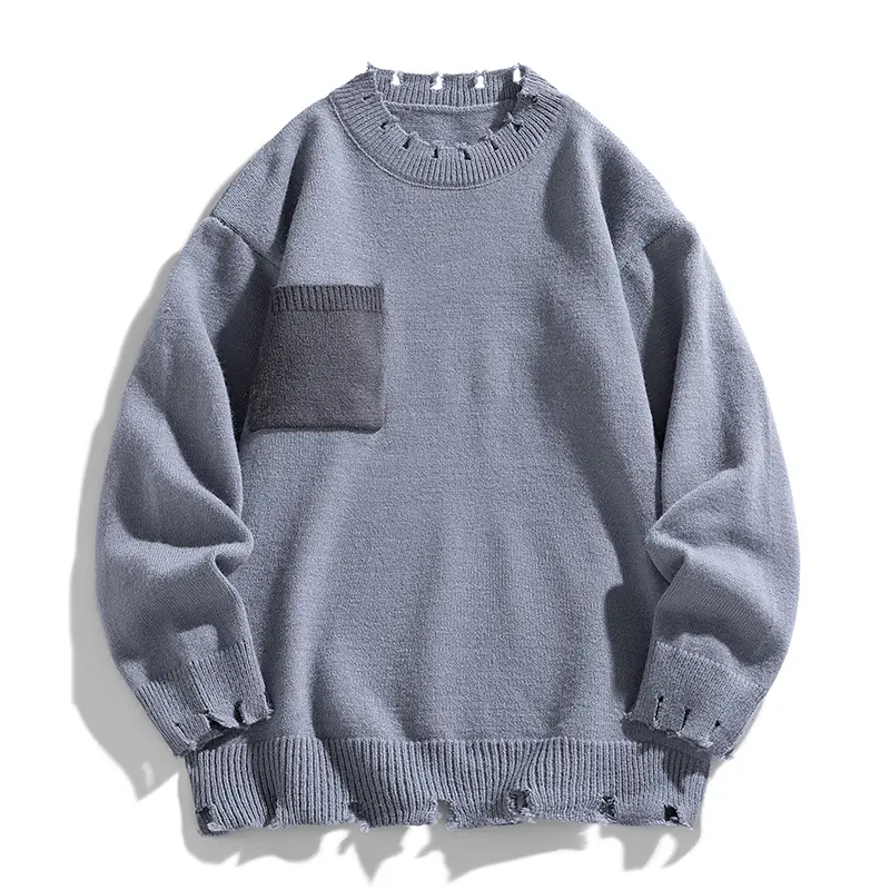 Men's American Retro Casual Acrylic Blend Knitwear Pullover - Distressed Raw Edge Ripped Long Sleeves, Round Neck, Drop Shoulder, Contrasting Color Patch Pockets, Menswear Streetwear Autumn Winter Commuting Top