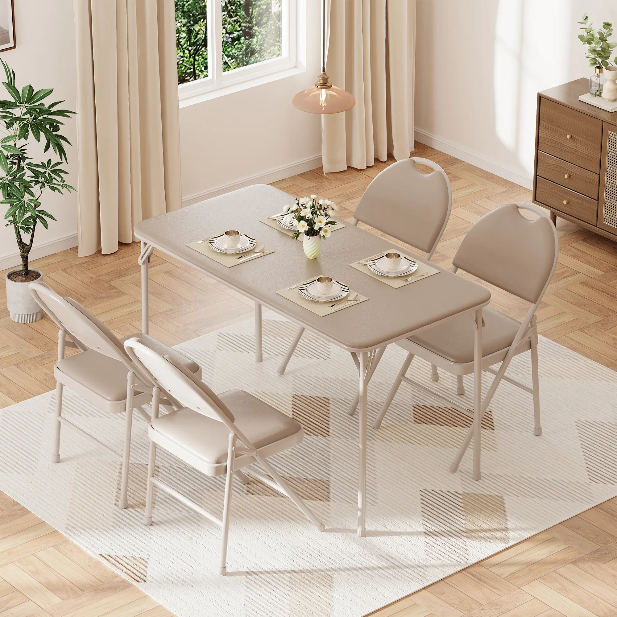 47 Inch 4FT Portable Folding Table with PU Leather Padded Tabletop, Lightweight Sturdy Metal Frame Collapsible Desk, Multi Purpose Indoor Outdoor Furniture for Home Dining Office Game Nights