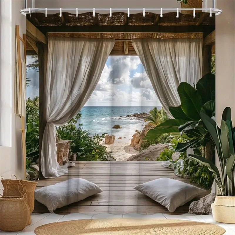 Handorio [Beach Shower Curtain] 1pc Beach Deck Shower Curtain White Canopy Ocean View Tropical Plants Home Bathroom Decorative Curtains Modern Fashion Printed Shower Curtains with Hooks