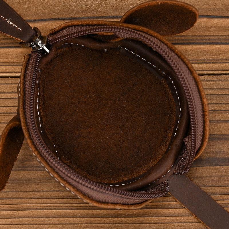 Unisex Crazy Horse Leather Card Holder & Coin Purse | Genuine Cowhide Mini Wallet, Cute Mouse Animal Design, Zipper Closure Slim Card Case, Durable Lightweight EDC Pocket Wallet for Daily Casual Use