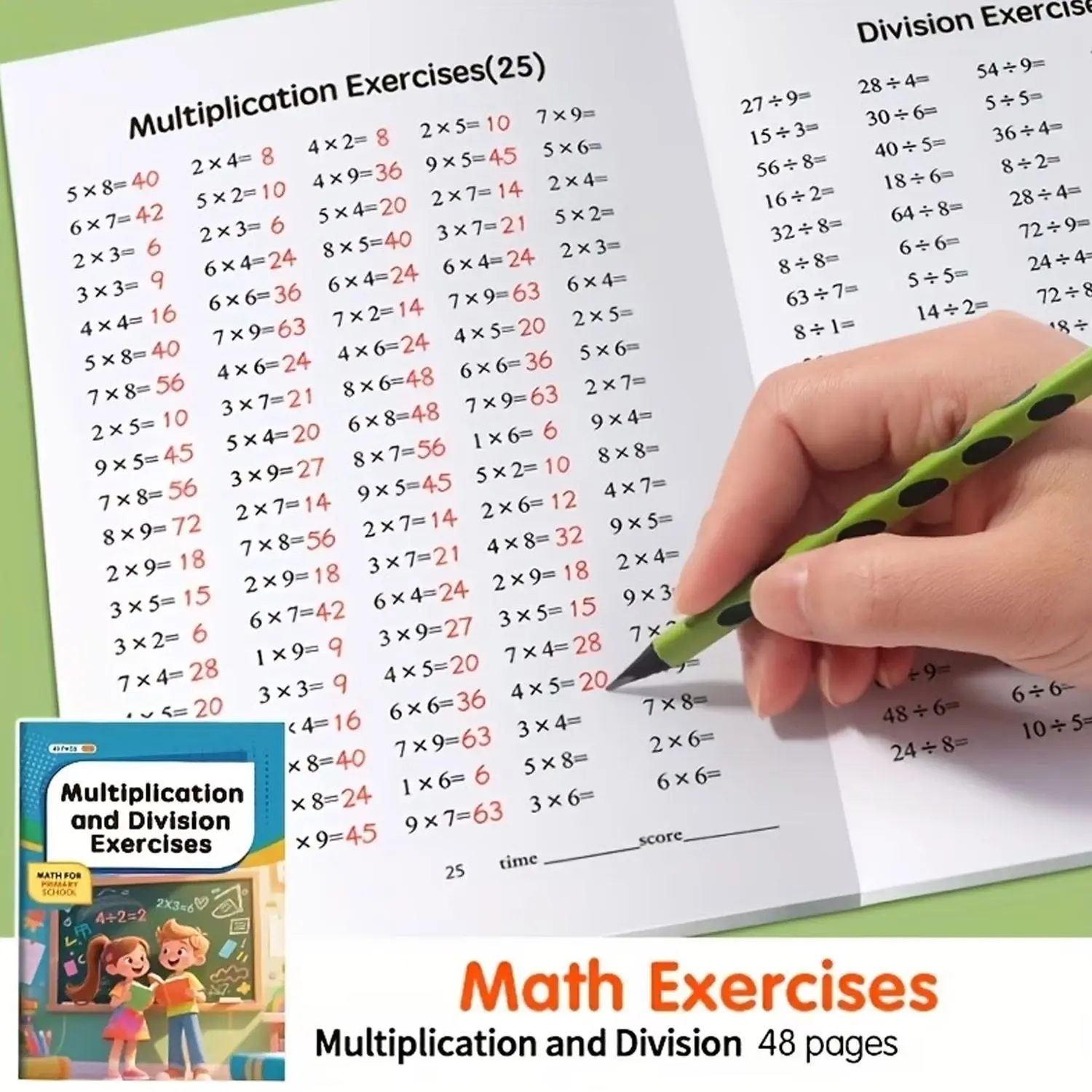 Learning and educational writing aids - 48-page durable multiplication and division arithmetic practice book for improving calculation skills, an educational toy, suitable for school supplies, Teaching supplies and Christmas gifts