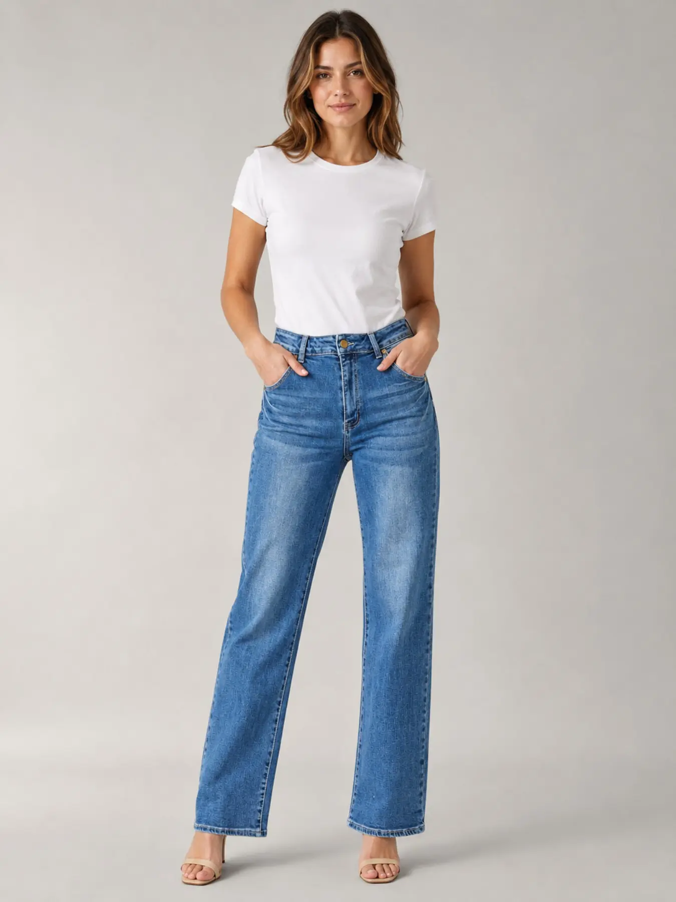 American Vintage Washed Blue High Waist Straight Leg Jeans, Elastic Stretch, Conceals Belly, Tall Look, Versatile Office Wear, Long Pants
